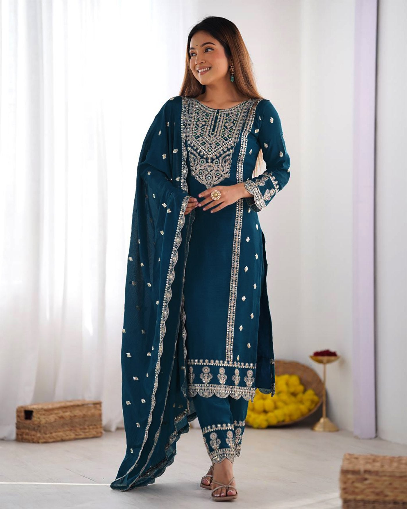 Ethnic Wear Blue Kurta with Pants & Dupatta