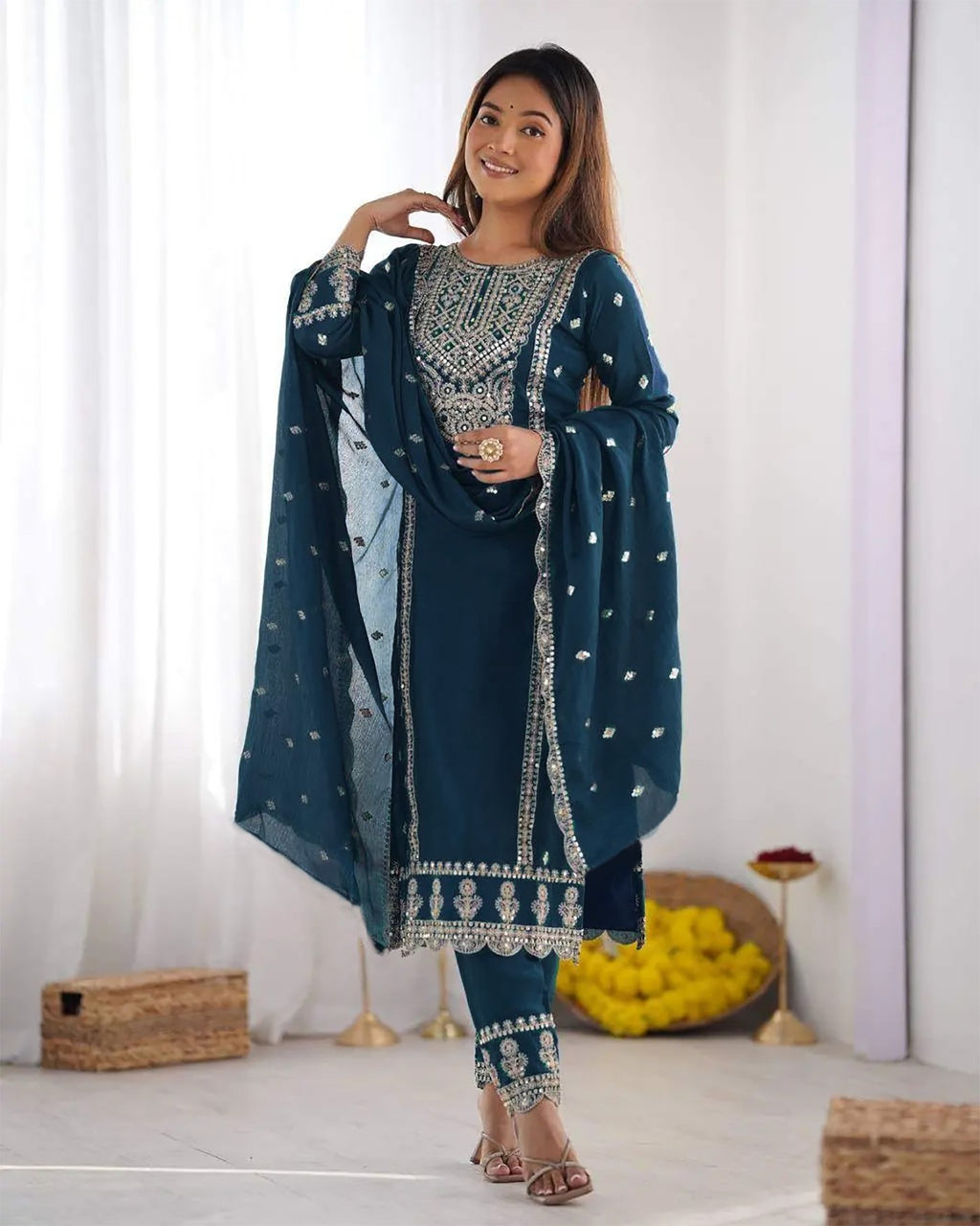 Ethnic Wear Blue Kurta with Pants & Dupatta