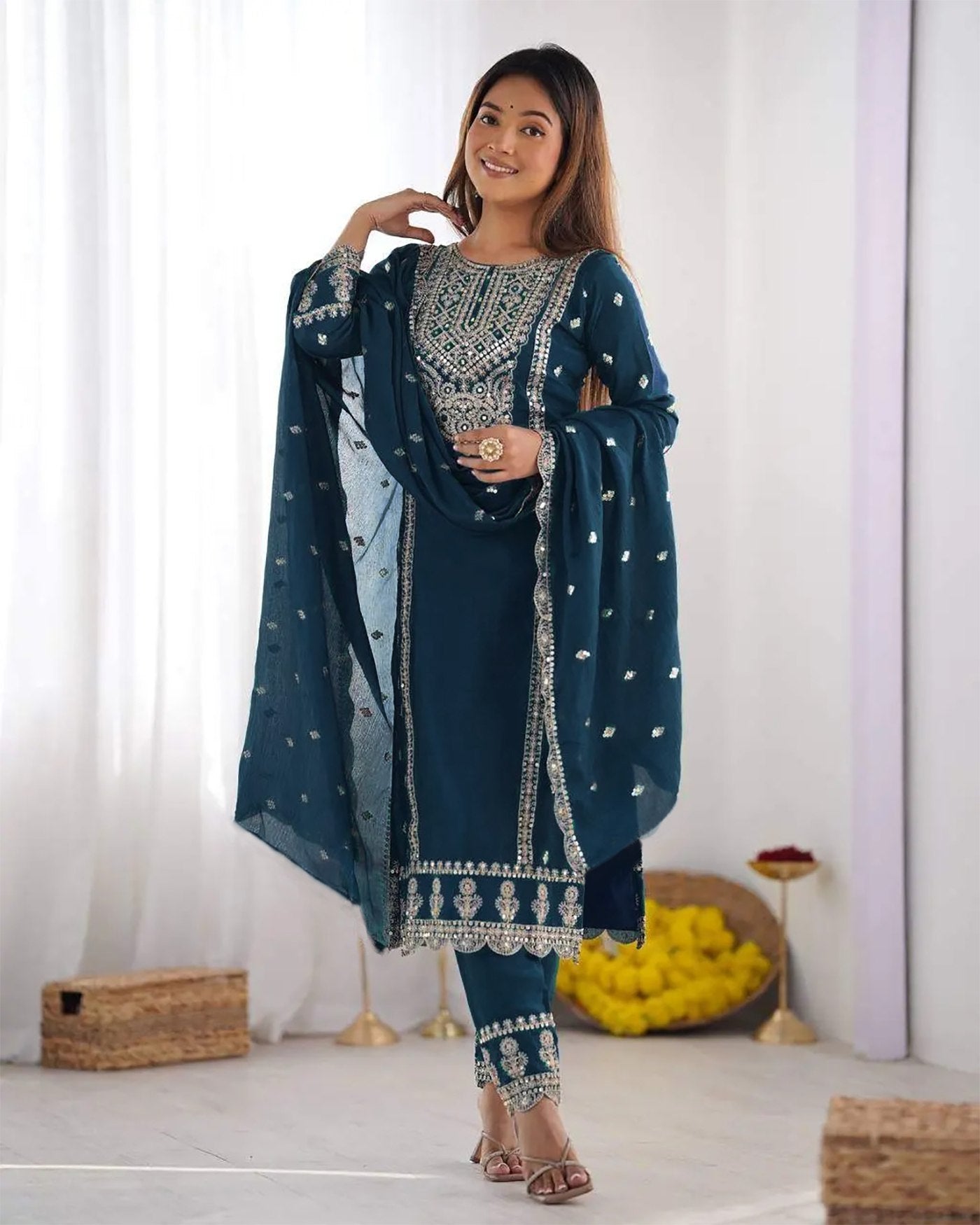 Ethnic Wear Blue Kurta with Pants & Dupatta