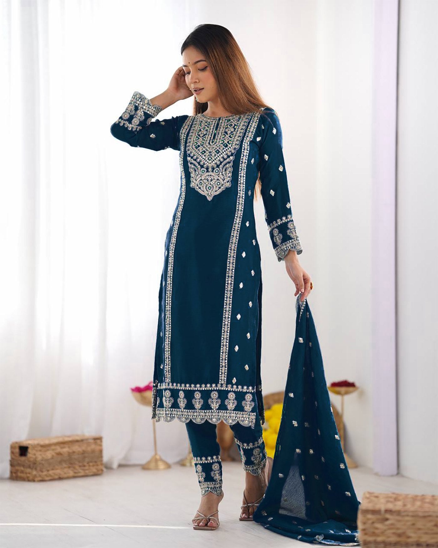 Ethnic Wear Blue Kurta with Pants & Dupatta