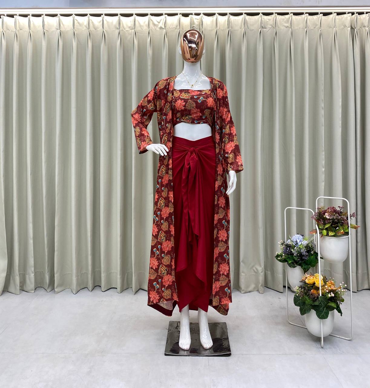 Scarlet Blossom Indo-Western Co-Ord Scarlet Bloom 3-Piece Drape Set