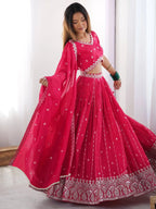 Traditional Blossom Bright Pink Bridal Lehenga Set With Duppta