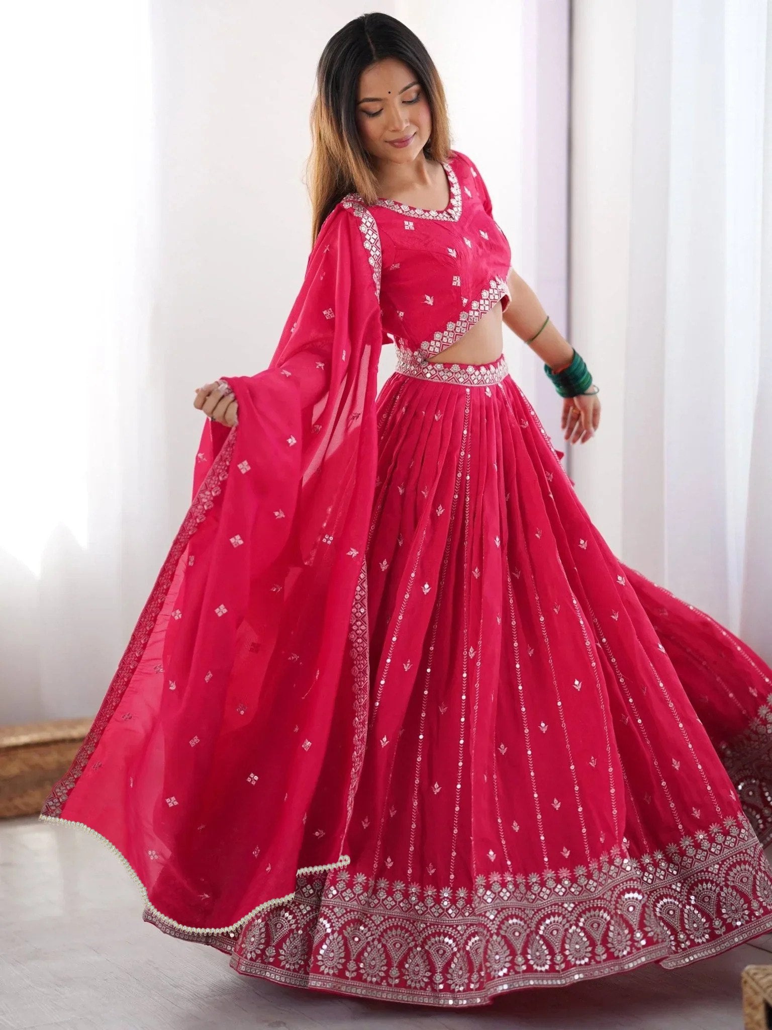 Traditional Blossom Bright Pink Bridal Lehenga Set With Duppta