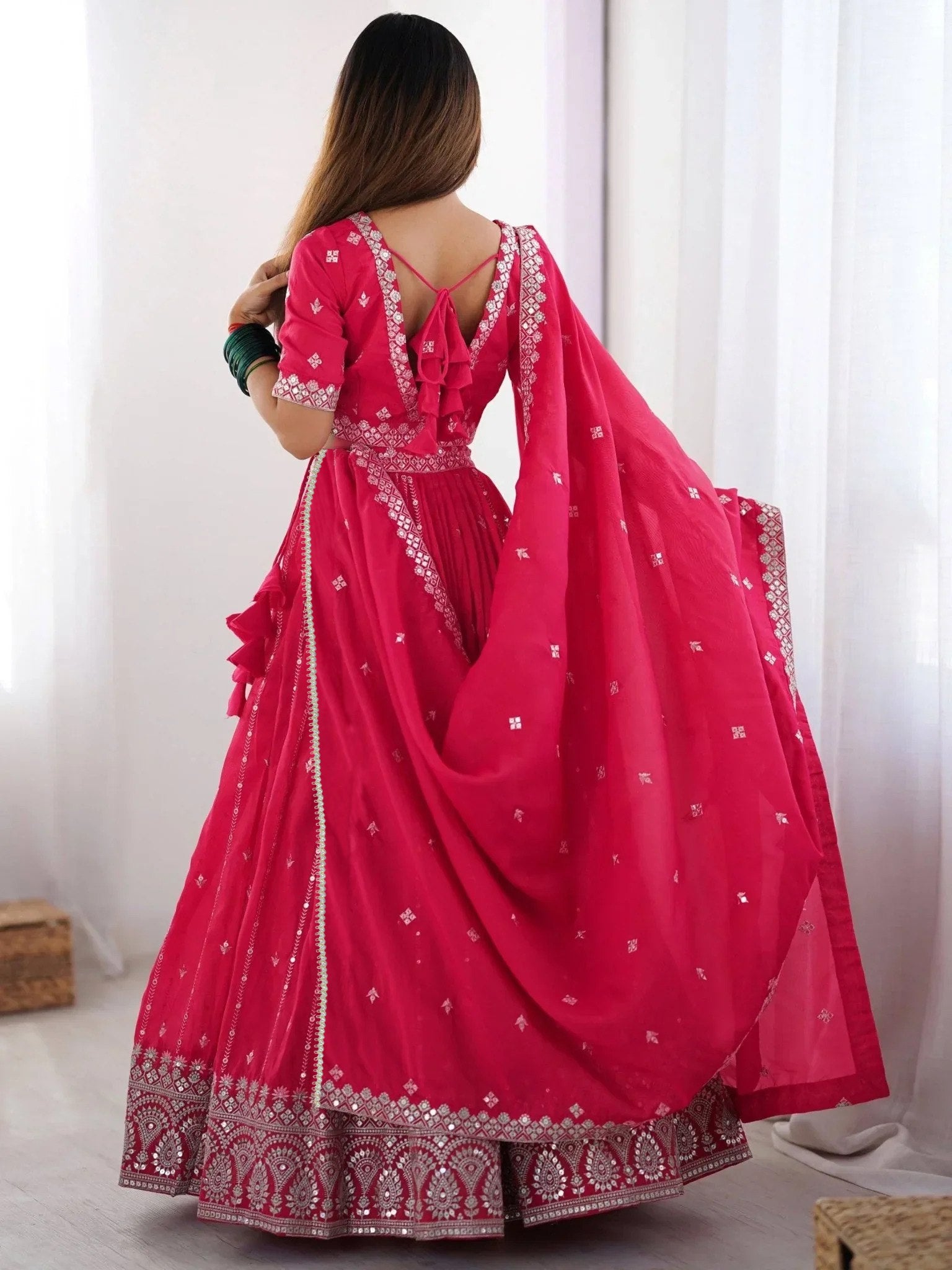 Traditional Blossom Bright Pink Bridal Lehenga Set With Duppta