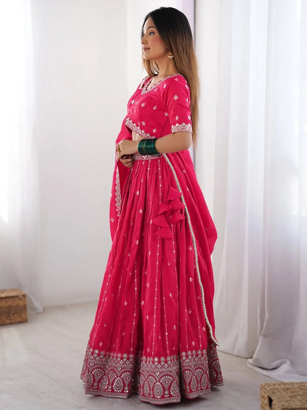 Traditional Blossom Bright Pink Bridal Lehenga Set With Duppta