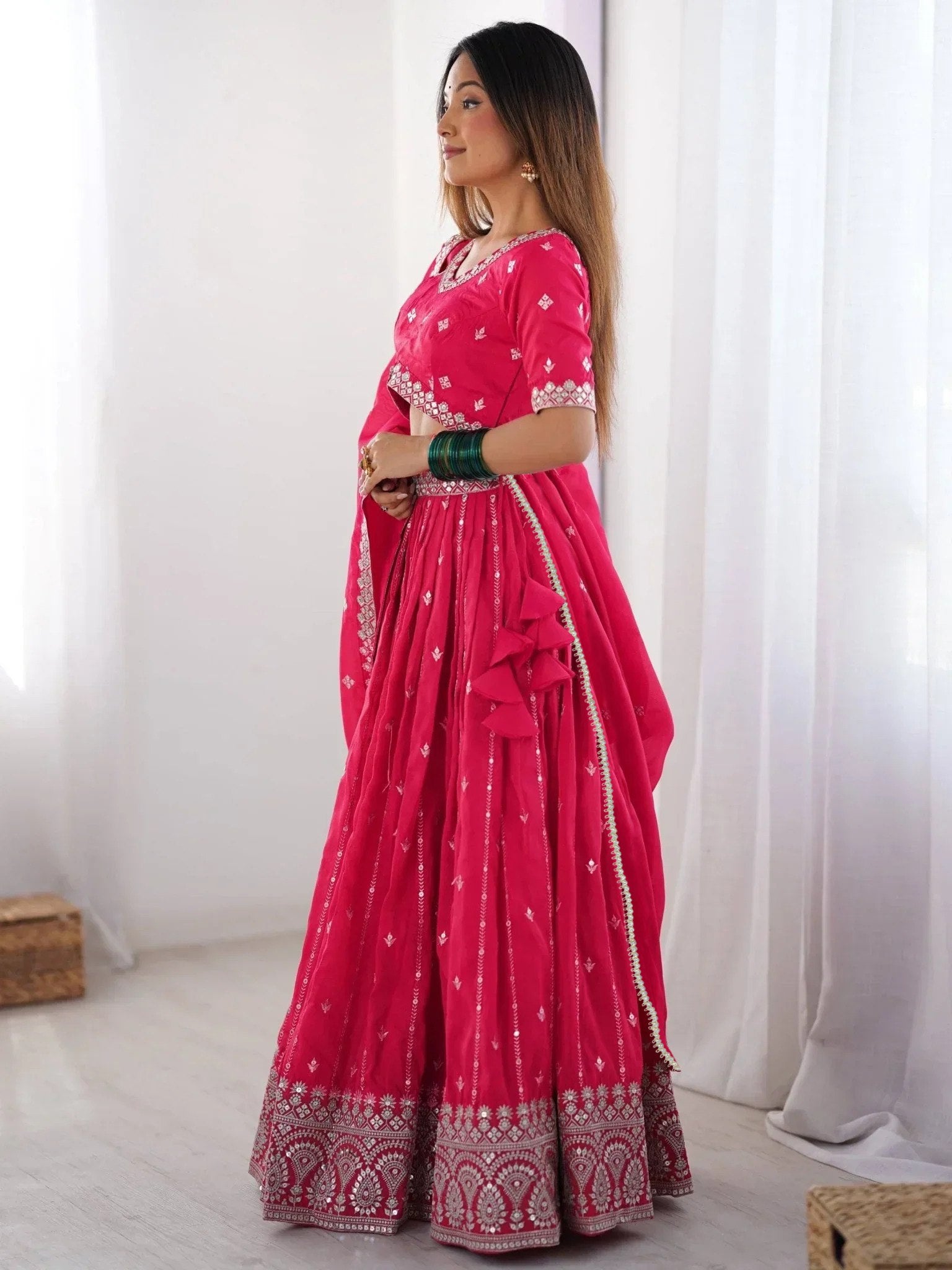 Traditional Blossom Bright Pink Bridal Lehenga Set With Duppta