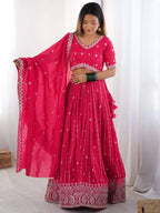 Traditional Blossom Bright Pink Bridal Lehenga Set With Duppta