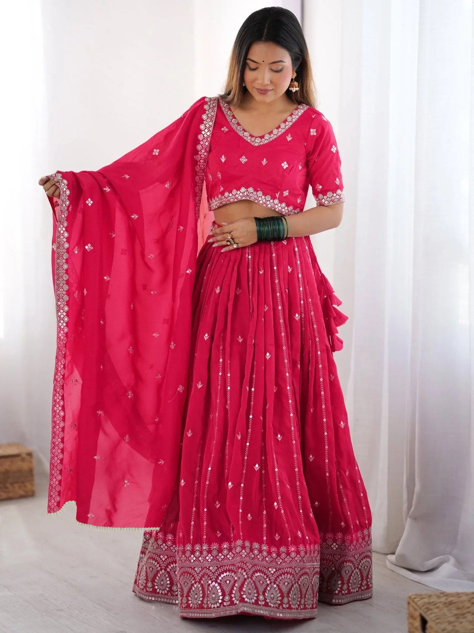 Traditional Blossom Bright Pink Bridal Lehenga Set With Duppta