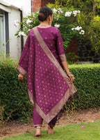 Women’s Wine Purple Embroidered Silk Kurta Pant Set with Dupatta