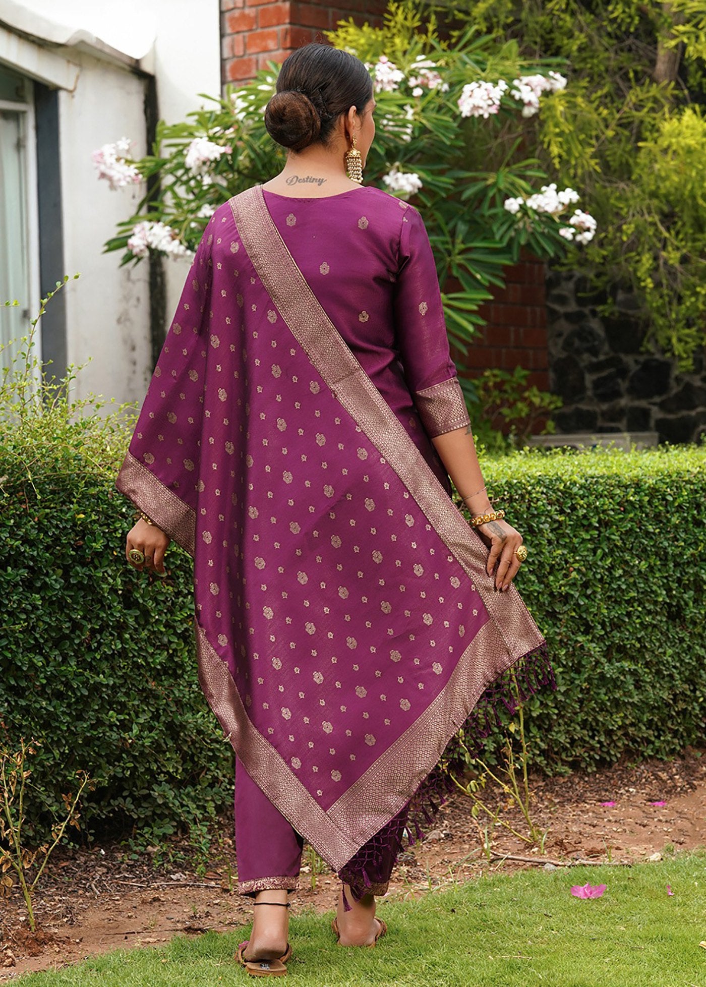 Women’s Wine Purple Embroidered Silk Kurta Pant Set with Dupatta