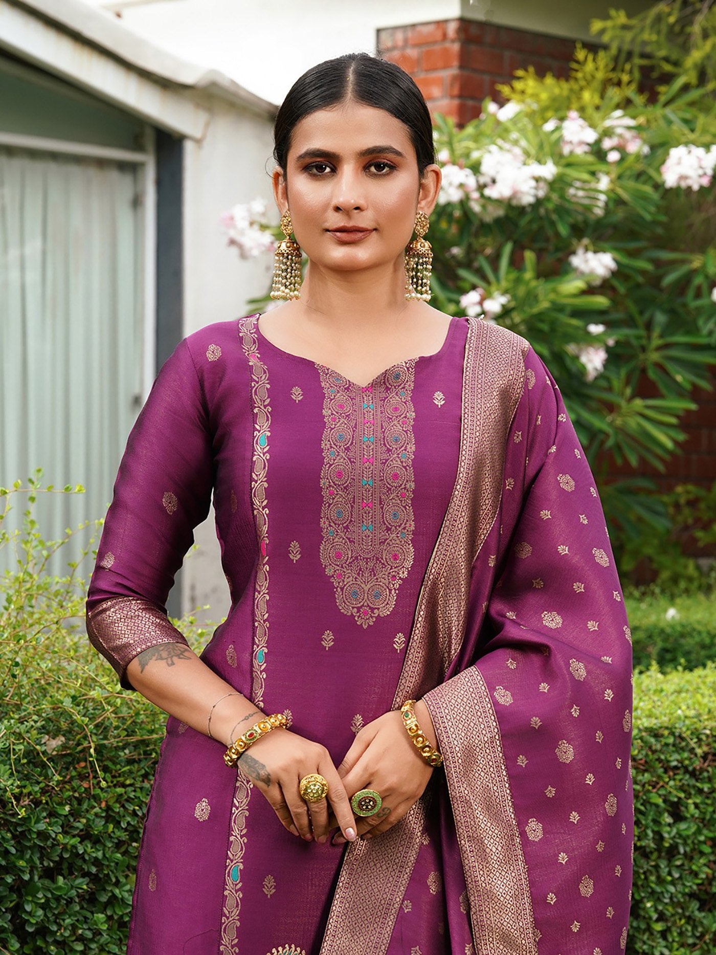 Women’s Wine Purple Embroidered Silk Kurta Pant Set with Dupatta