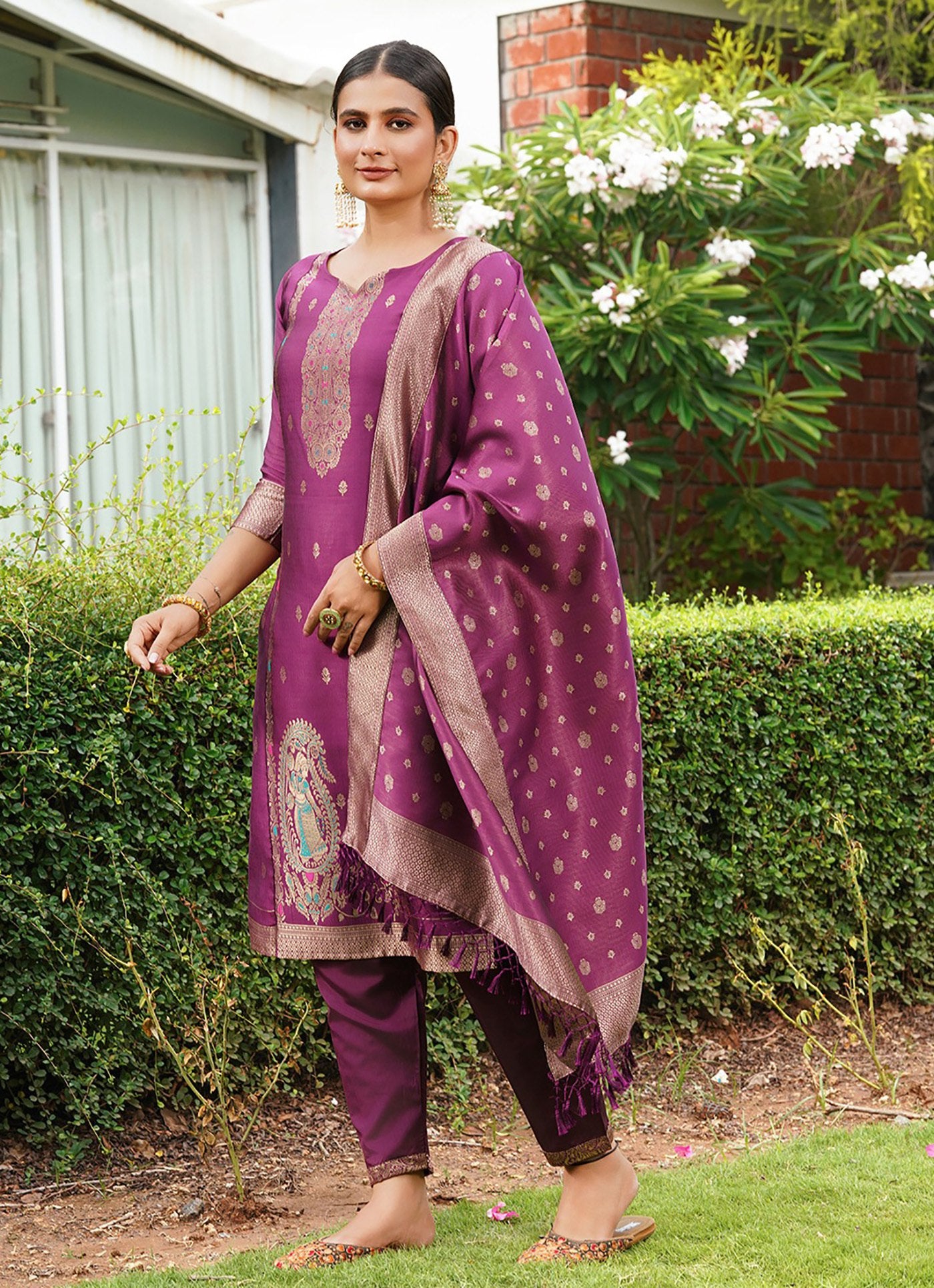 Women’s Wine Purple Embroidered Silk Kurta Pant Set with Dupatta