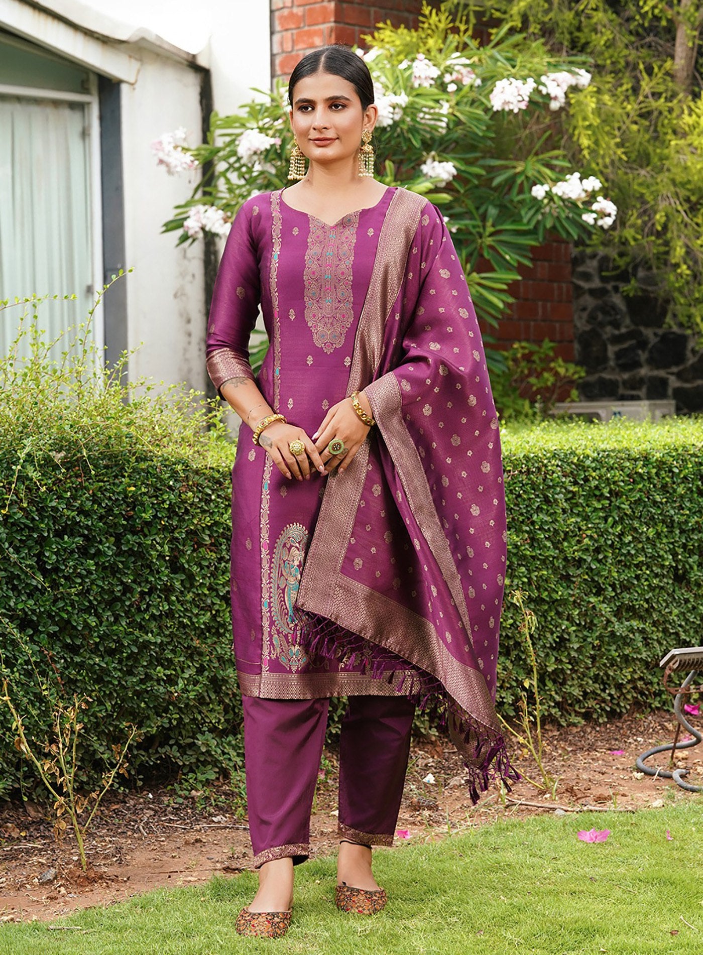 Women’s Wine Purple Embroidered Silk Kurta Pant Set with Dupatta