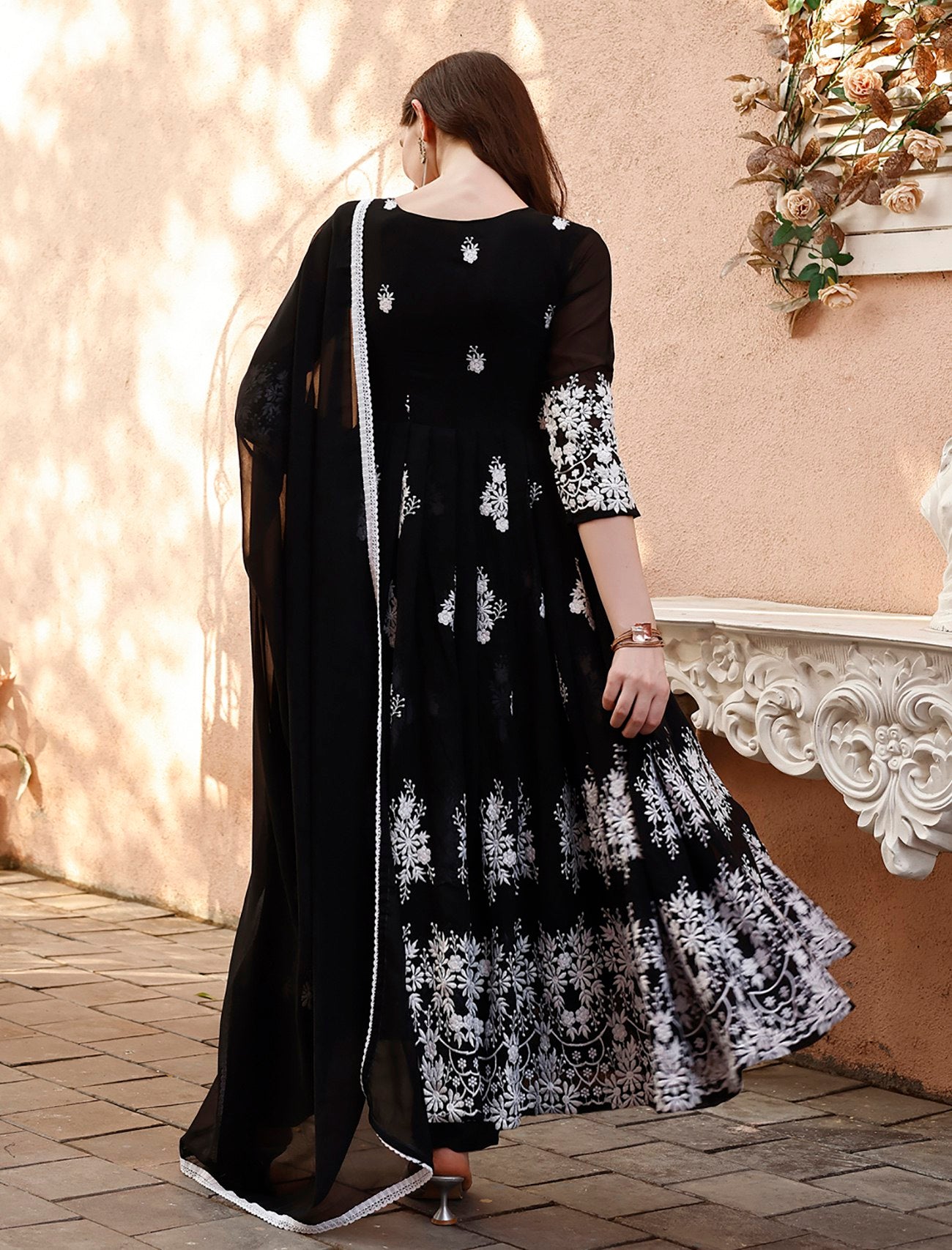 Blackberry Elegant Black & White Floral Embroidered Anarkali Gown