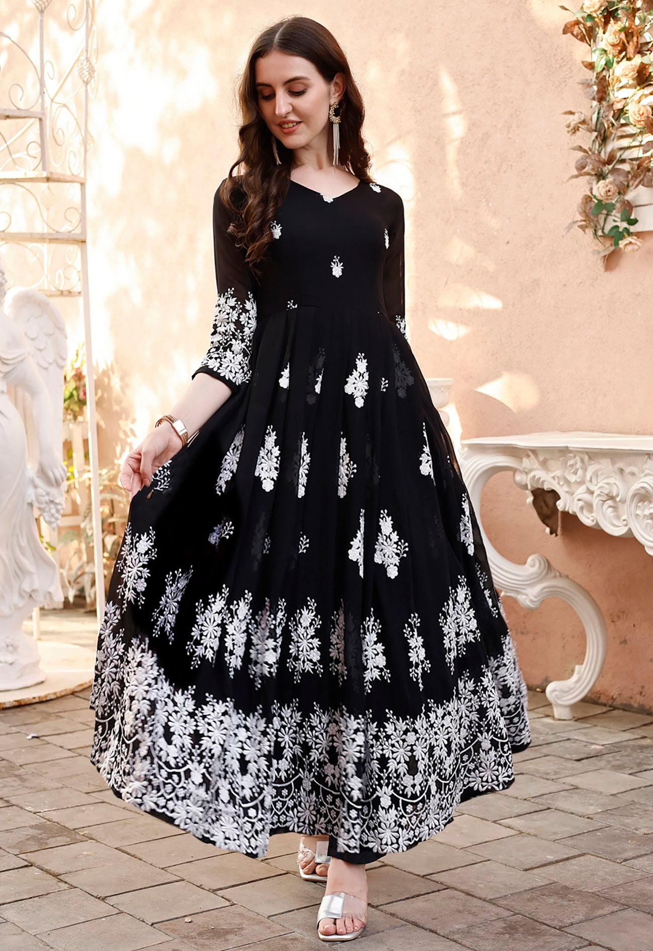 Blackberry Elegant Black & White Floral Embroidered Anarkali Gown