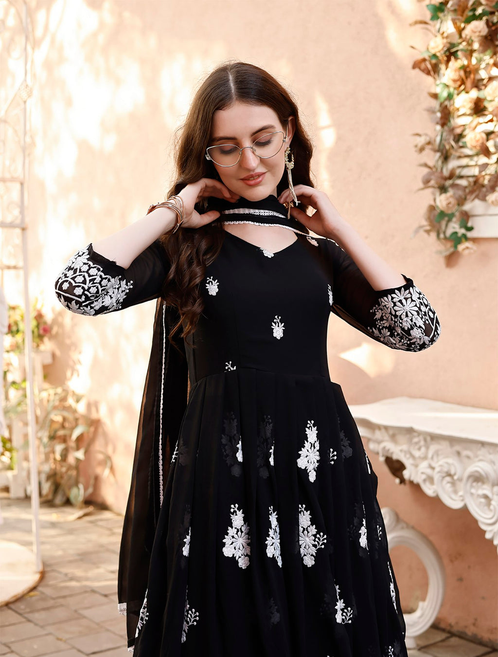 Blackberry Elegant Black & White Floral Embroidered Anarkali Gown