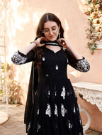 Blackberry Elegant Black & White Floral Embroidered Anarkali Gown