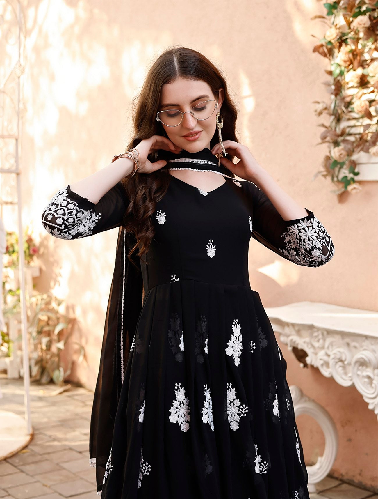 Blackberry Elegant Black & White Floral Embroidered Anarkali Gown