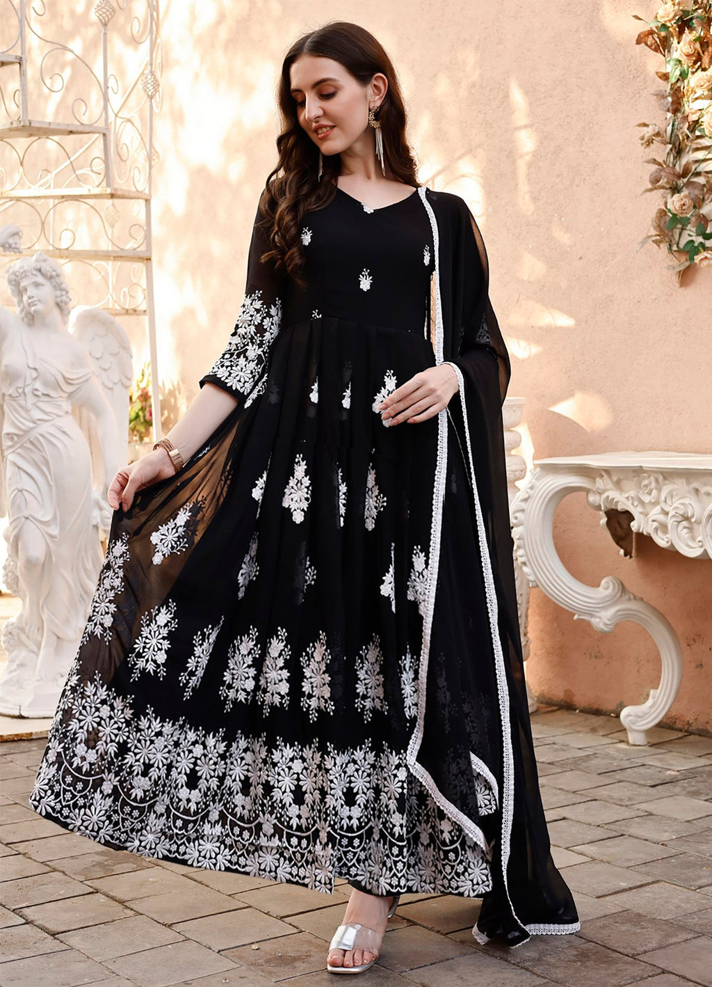 Blackberry Elegant Black & White Floral Embroidered Anarkali Gown