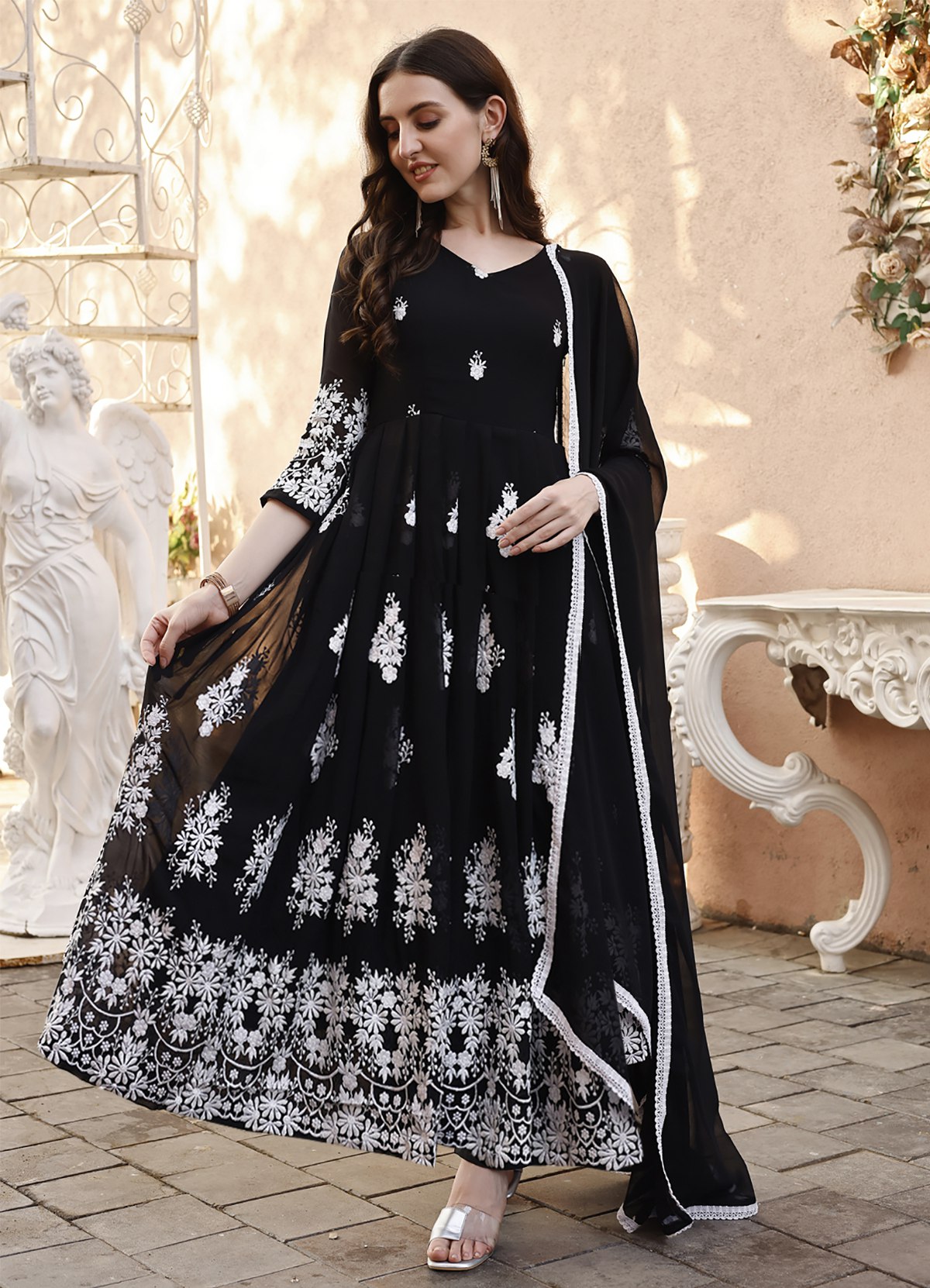 Blackberry Elegant Black & White Floral Embroidered Anarkali Gown