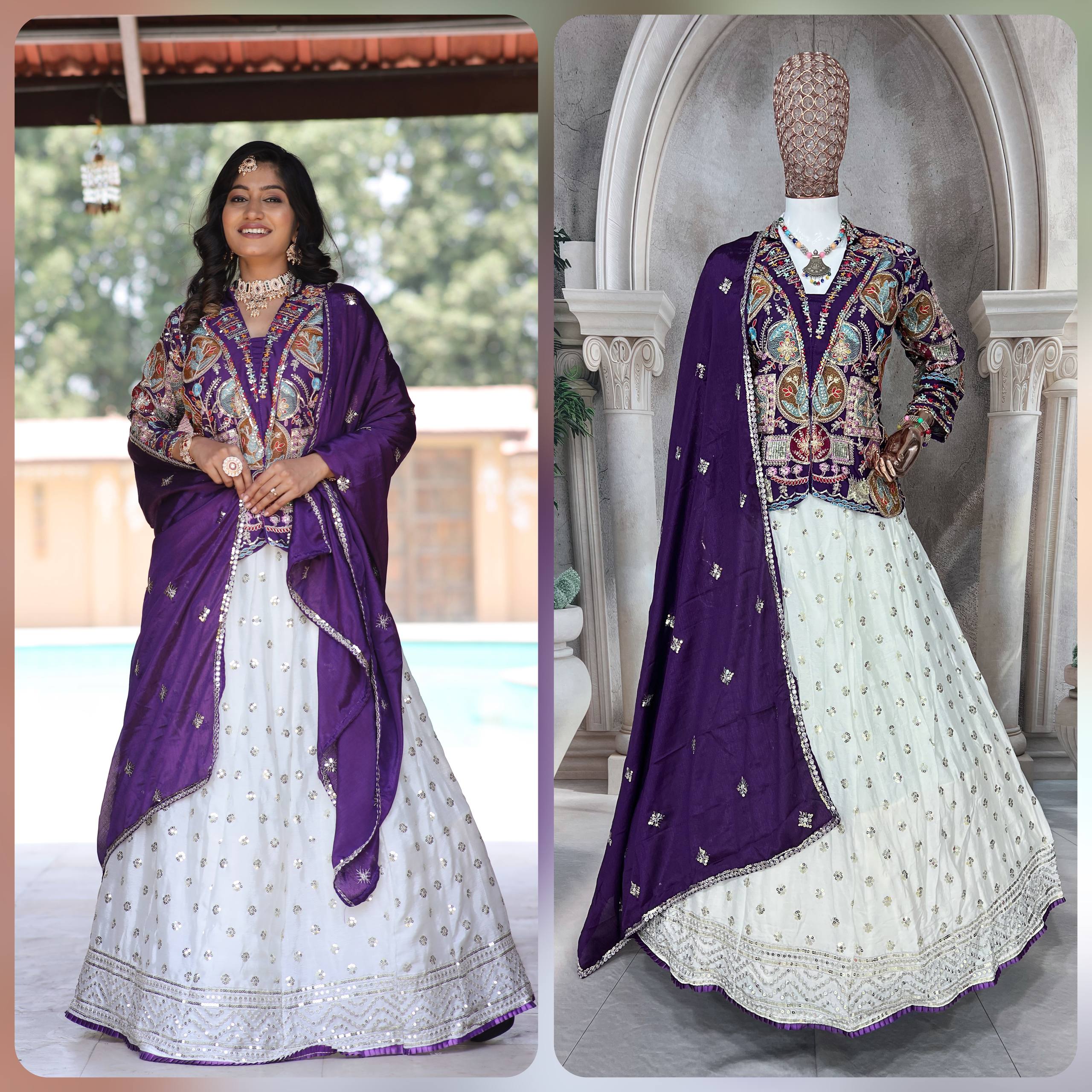 Royal White and Purple Embroidered Bridal Lehenga Choli with Multicolor Jacket and Dupatta