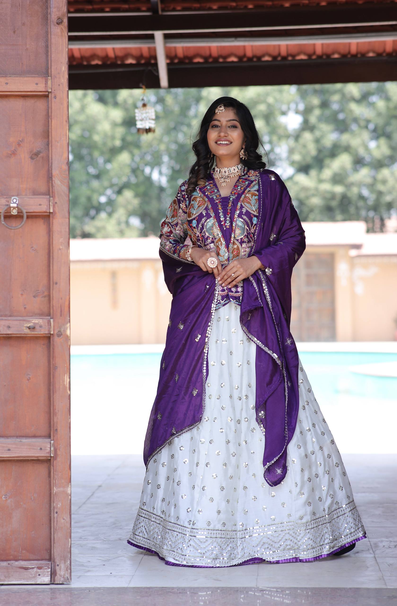 Royal White and Purple Embroidered Bridal Lehenga Choli with Multicolor Jacket and Dupatta