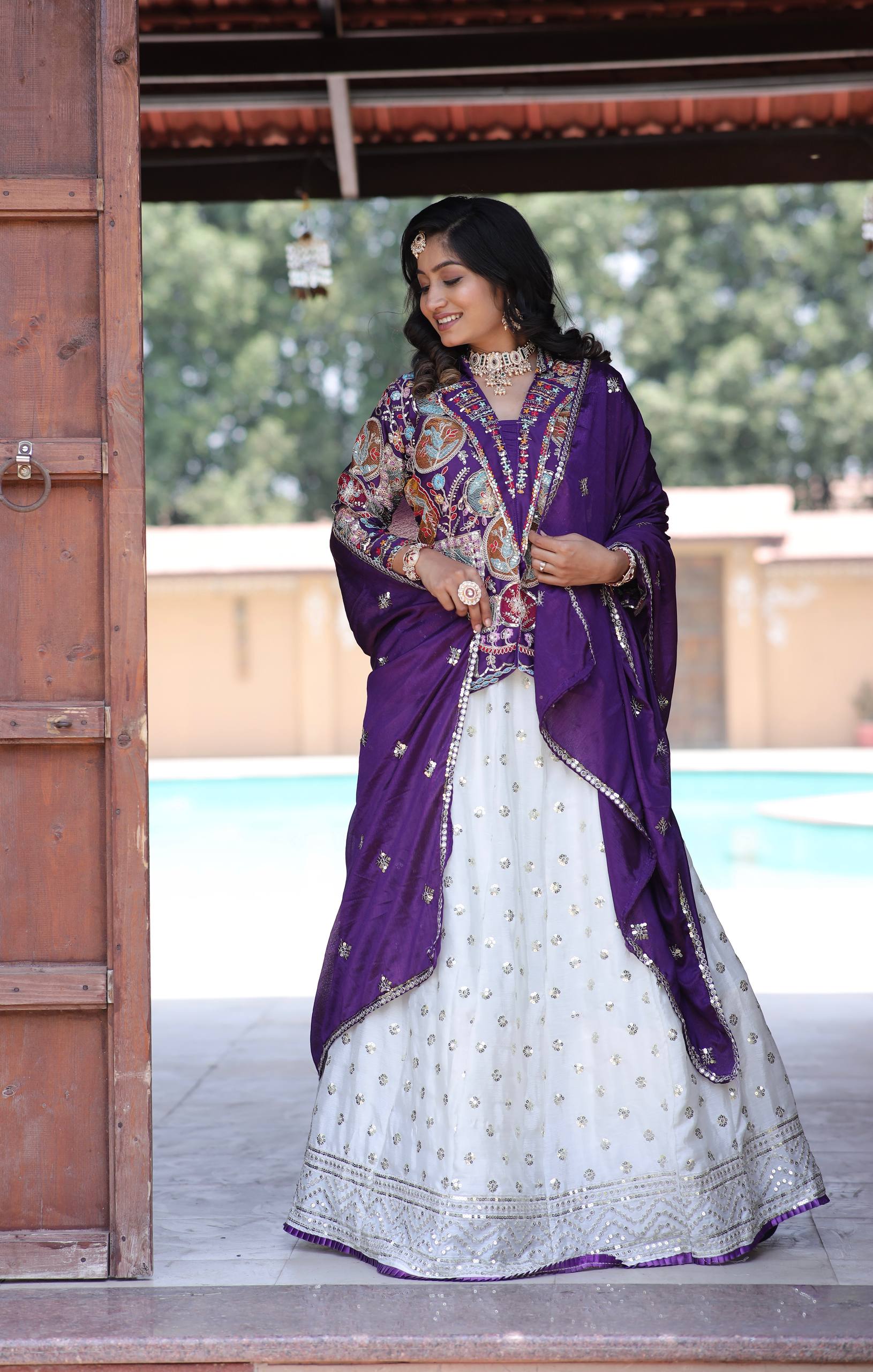 Royal White and Purple Embroidered Bridal Lehenga Choli with Multicolor Jacket and Dupatta