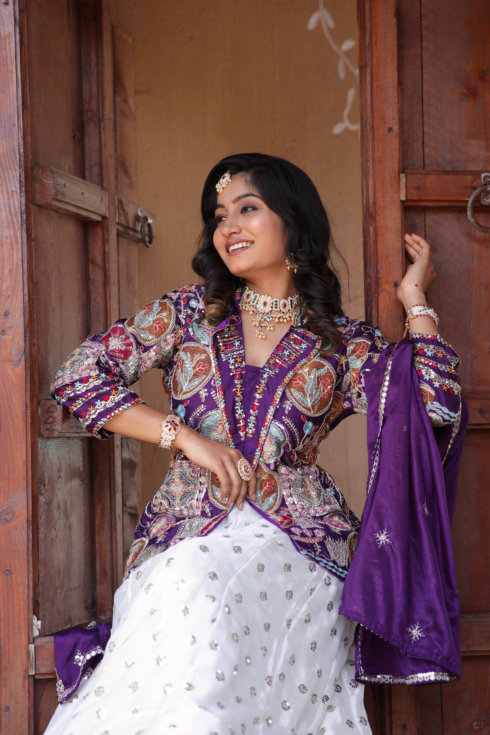 Royal White and Purple Embroidered Bridal Lehenga Choli with Multicolor Jacket and Dupatta