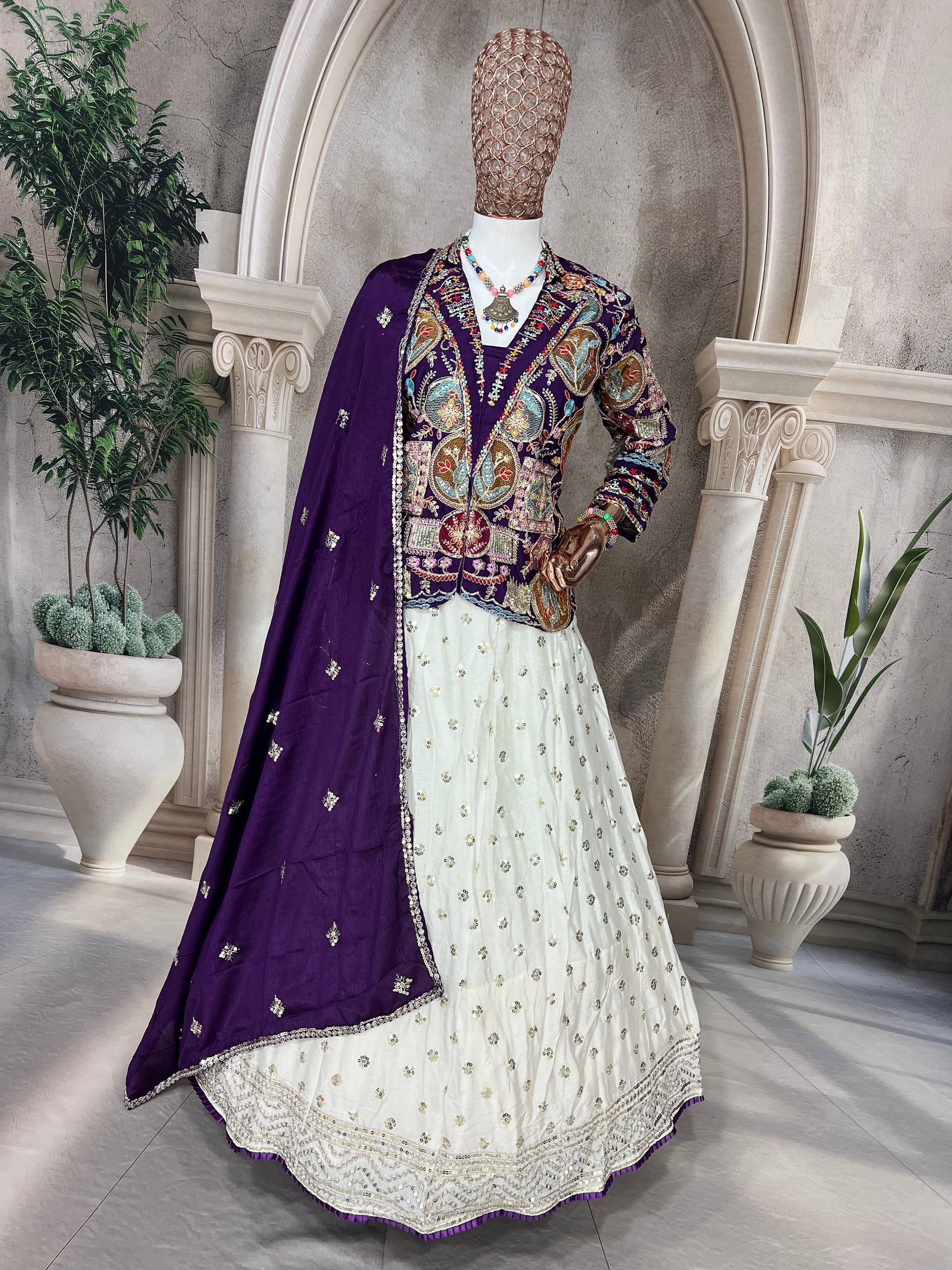 Royal White and Purple Embroidered Bridal Lehenga Choli with Multicolor Jacket and Dupatta