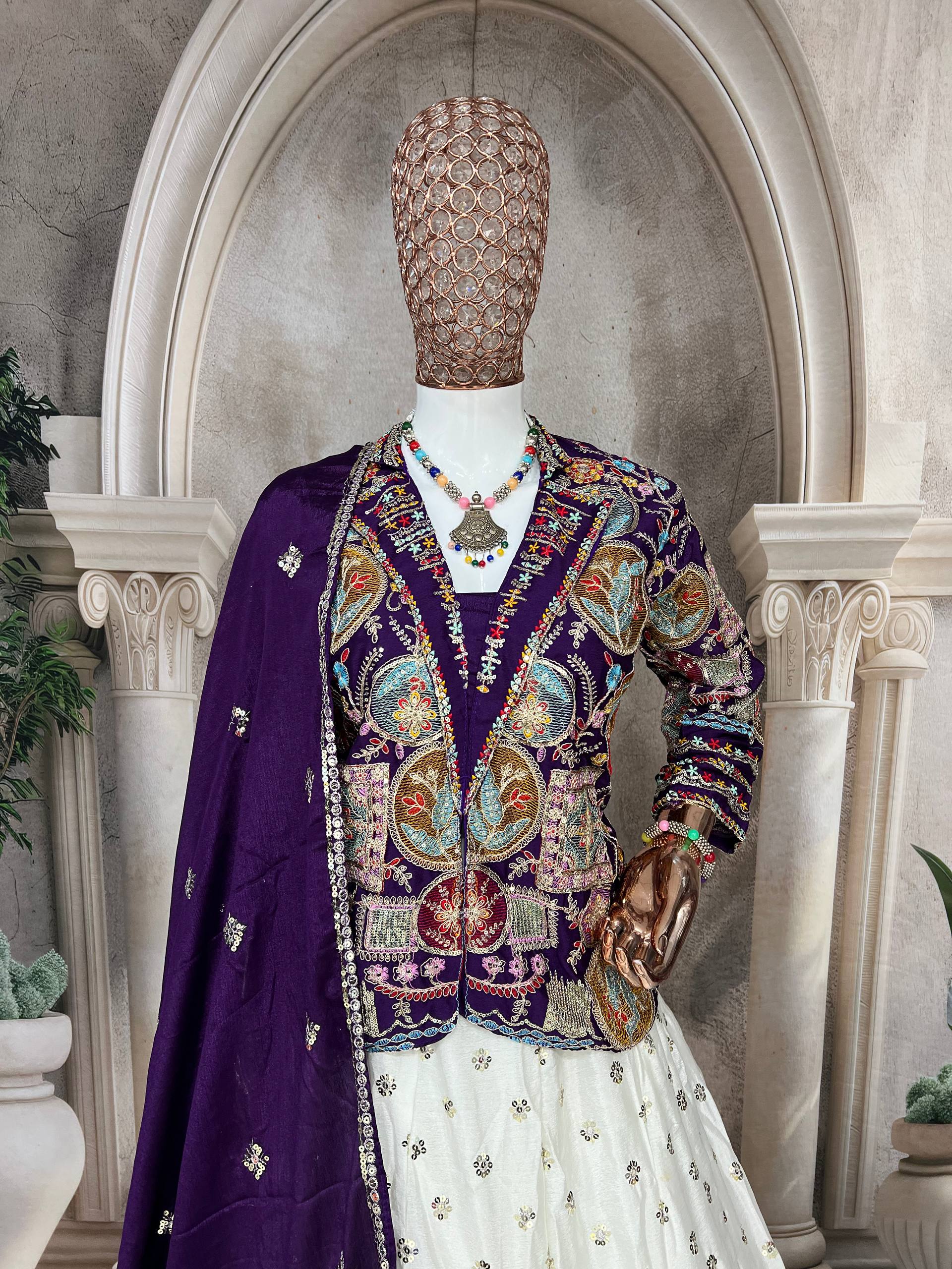 Royal White and Purple Embroidered Bridal Lehenga Choli with Multicolor Jacket and Dupatta