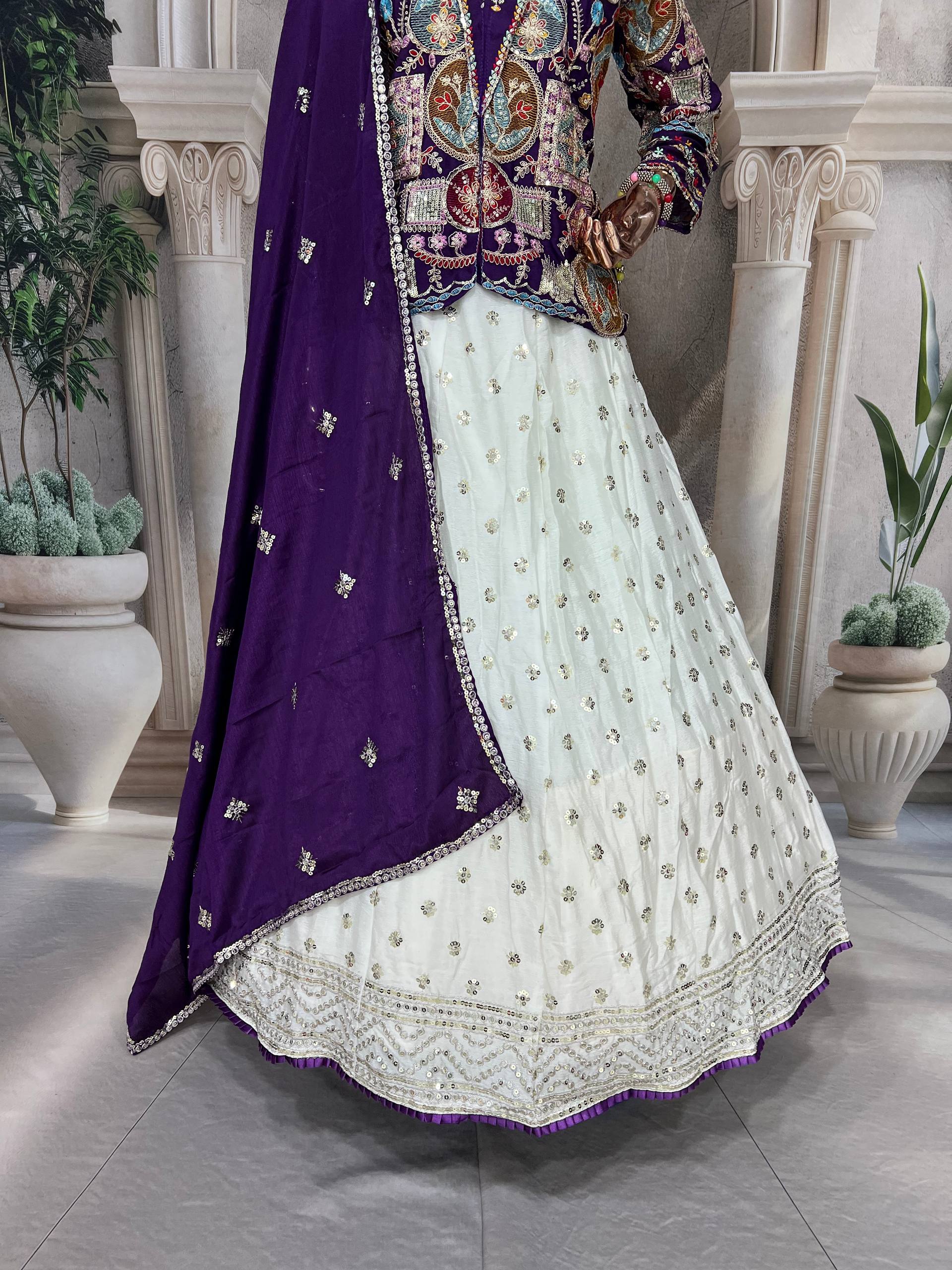 Royal White and Purple Embroidered Bridal Lehenga Choli with Multicolor Jacket and Dupatta