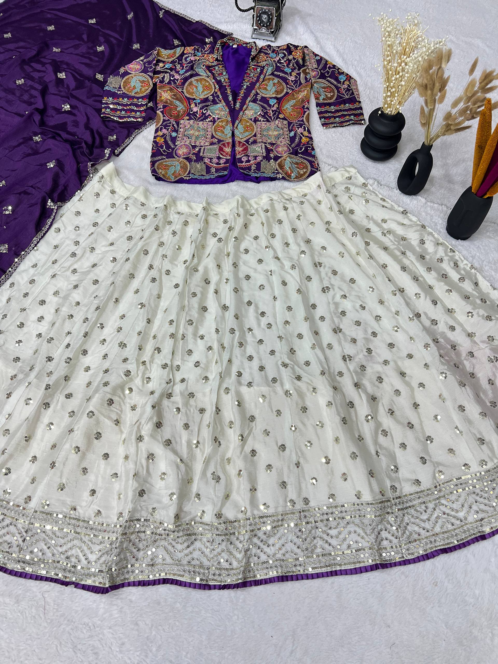 Royal White and Purple Embroidered Bridal Lehenga Choli with Multicolor Jacket and Dupatta