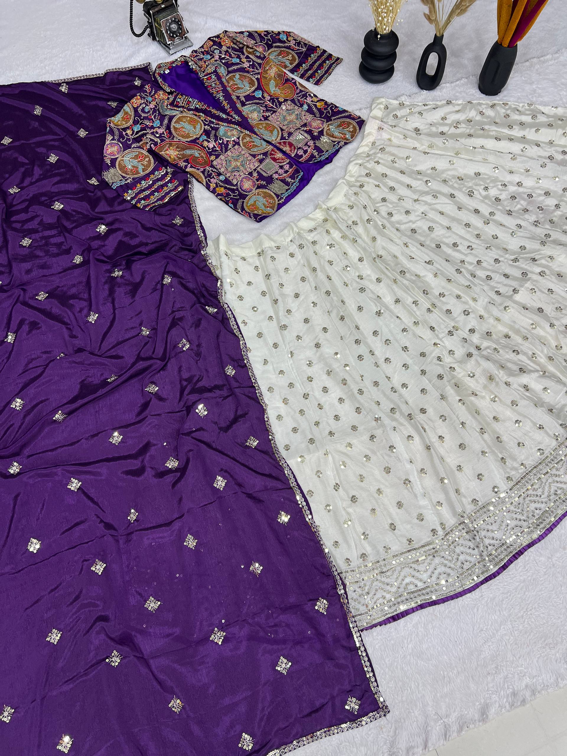 Royal White and Purple Embroidered Bridal Lehenga Choli with Multicolor Jacket and Dupatta