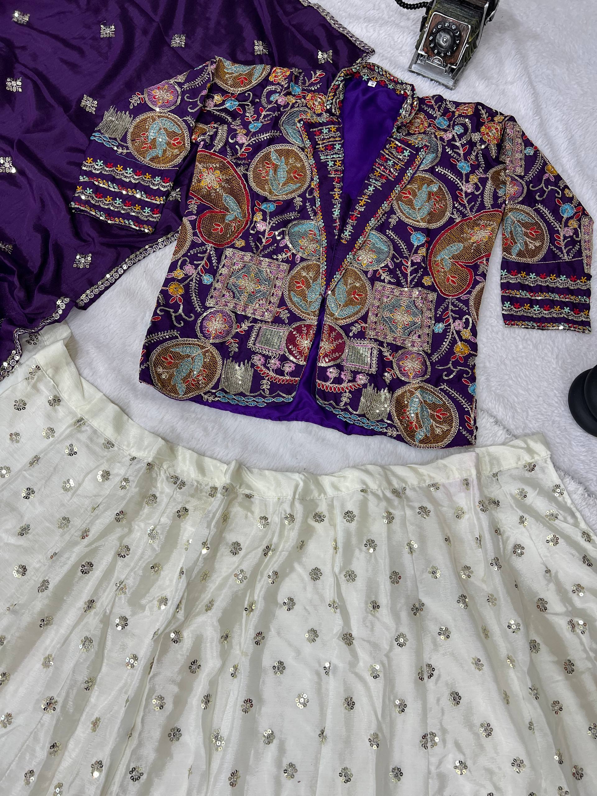 Royal White and Purple Embroidered Bridal Lehenga Choli with Multicolor Jacket and Dupatta