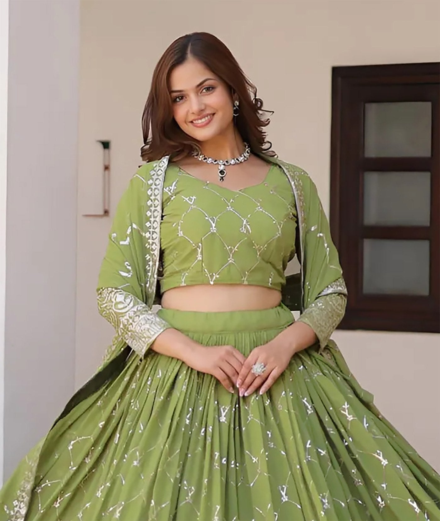 Olive Green Golden Embroidered Lehenga Choli | Wedding & Festive Wear