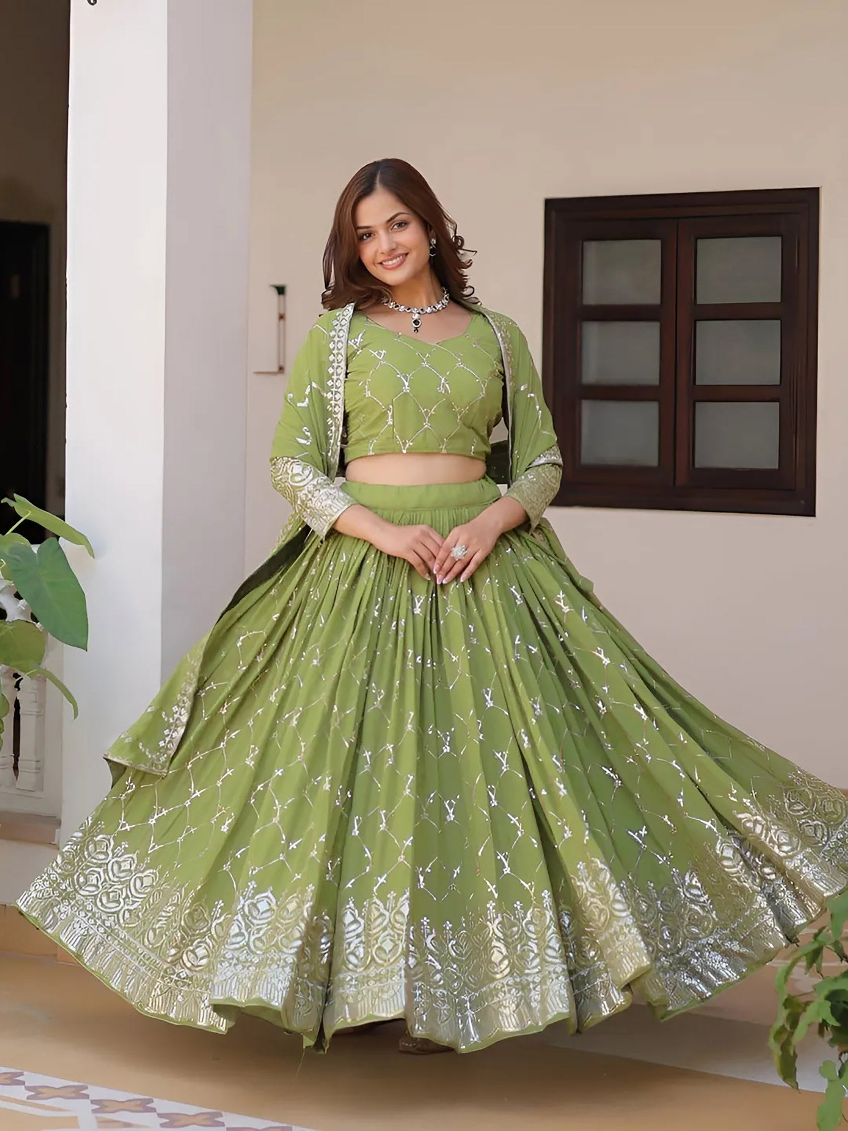 Olive Green Golden Embroidered Lehenga Choli | Wedding & Festive Wear