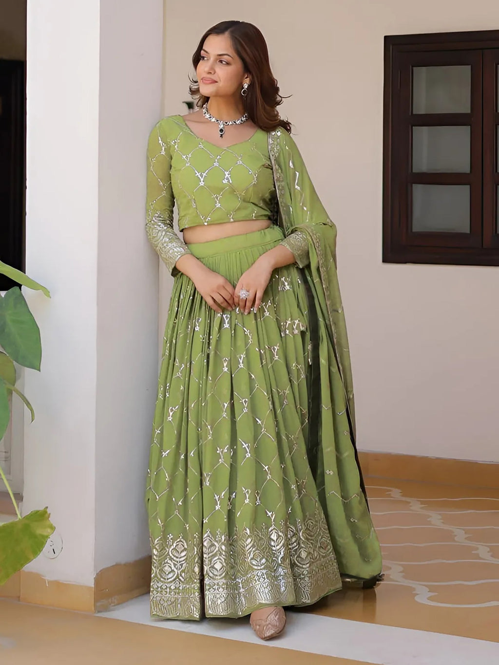 Olive Green Golden Embroidered Lehenga Choli | Wedding & Festive Wear