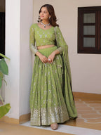 Olive Green Golden Embroidered Lehenga Choli | Wedding & Festive Wear