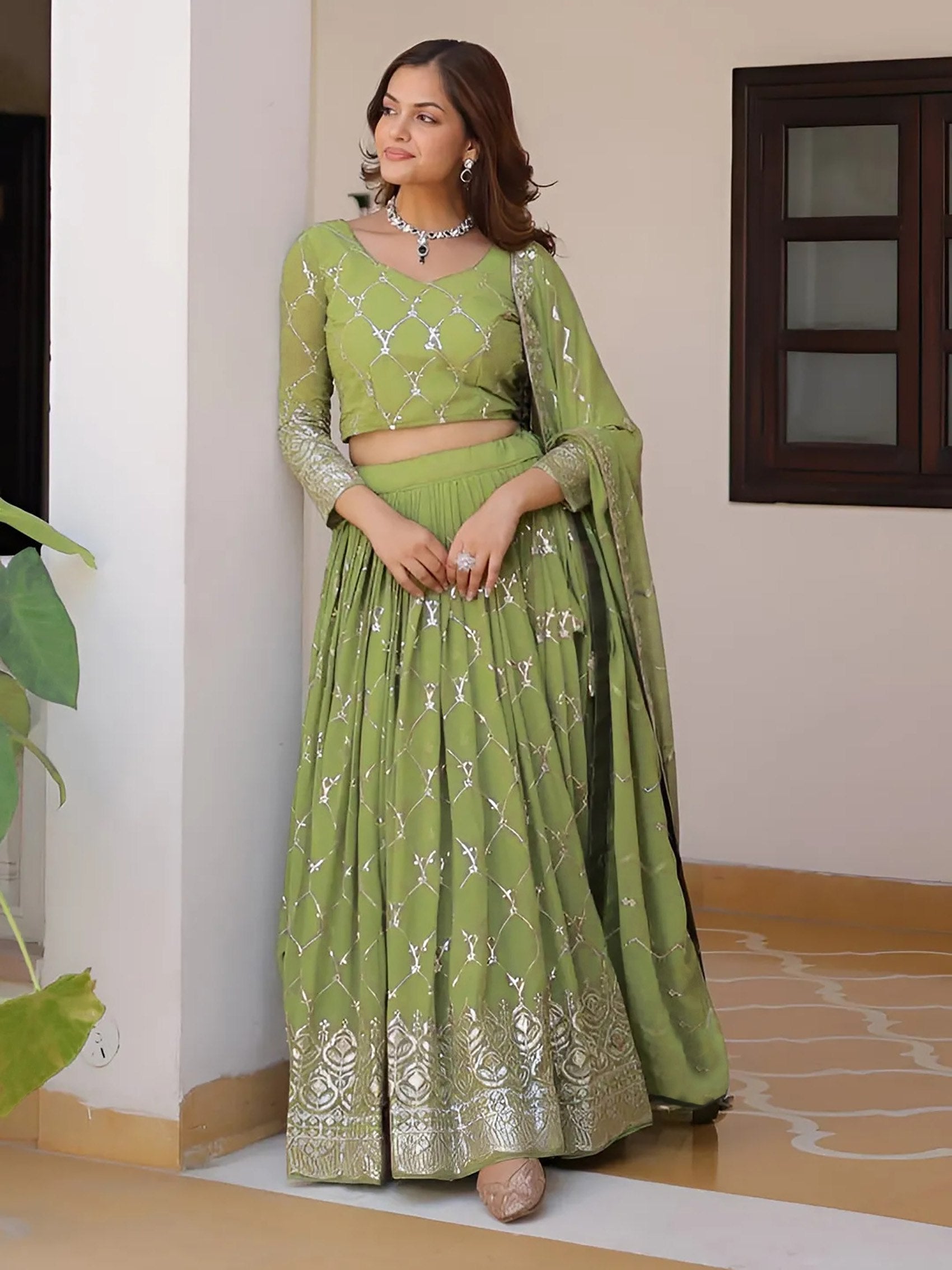 Olive Green Golden Embroidered Lehenga Choli | Wedding & Festive Wear