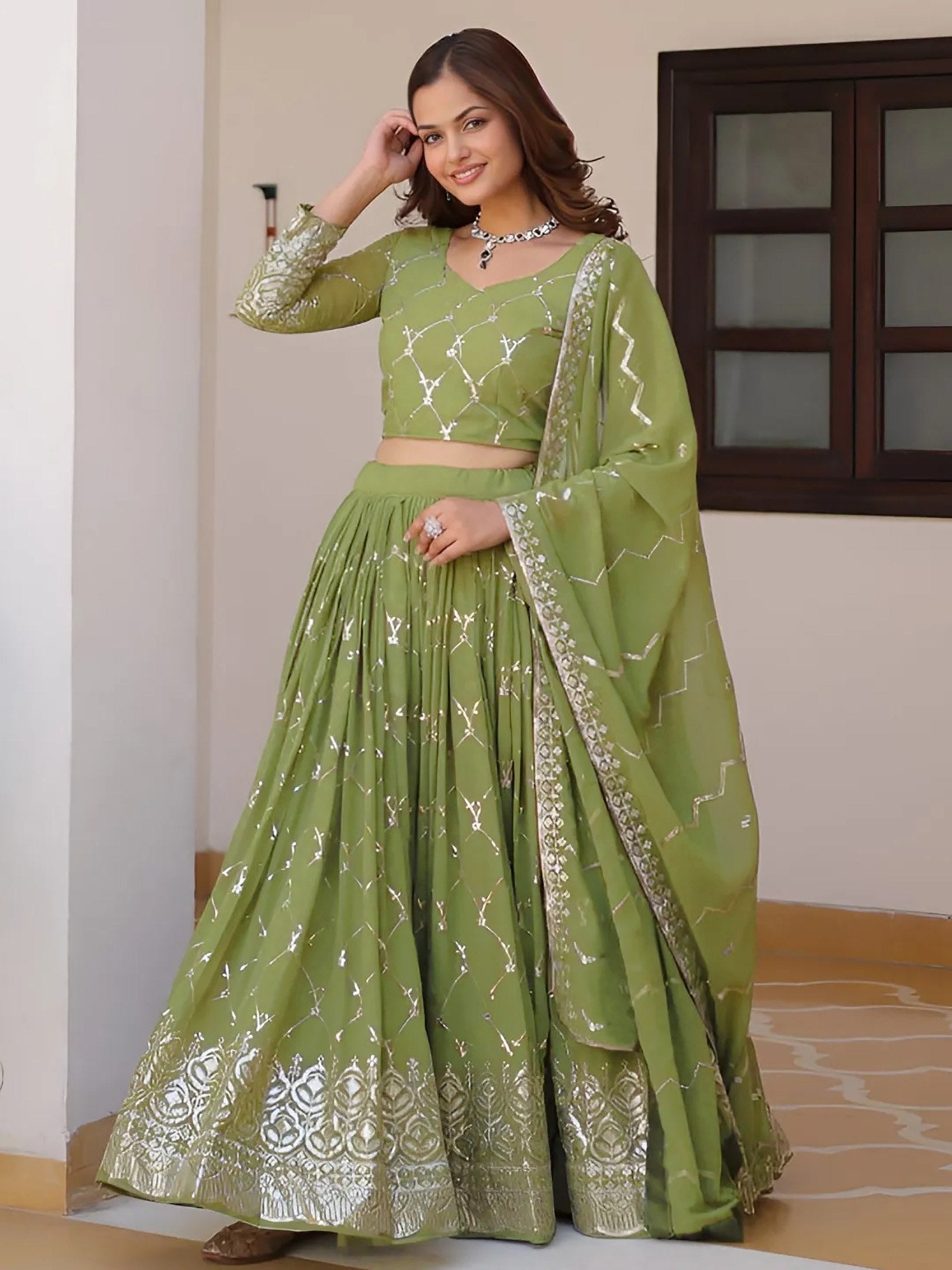 Olive Green Golden Embroidered Lehenga Choli | Wedding & Festive Wear