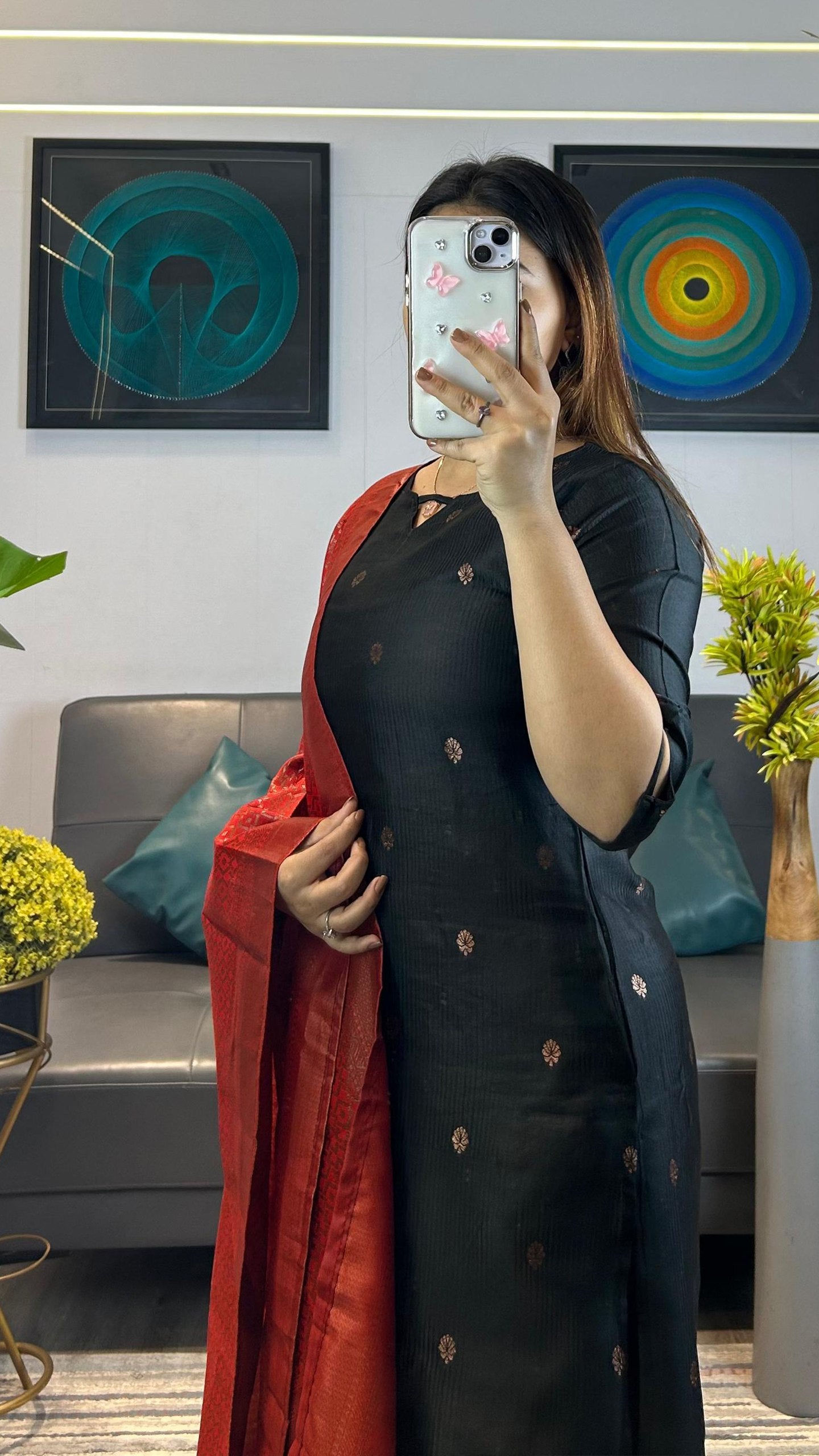 Stylish Black Ethnic Kurta Pant Set with Red Dupatta