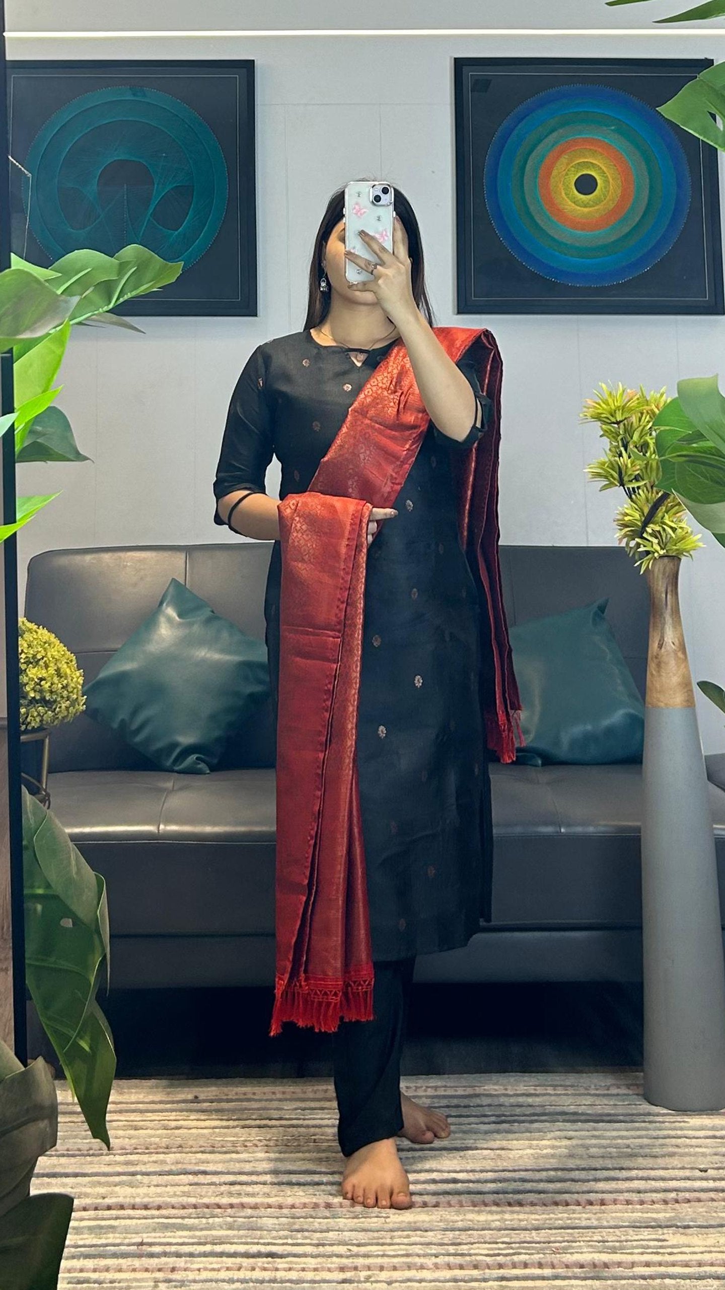 Stylish Black Ethnic Kurta Pant Set with Red Dupatta