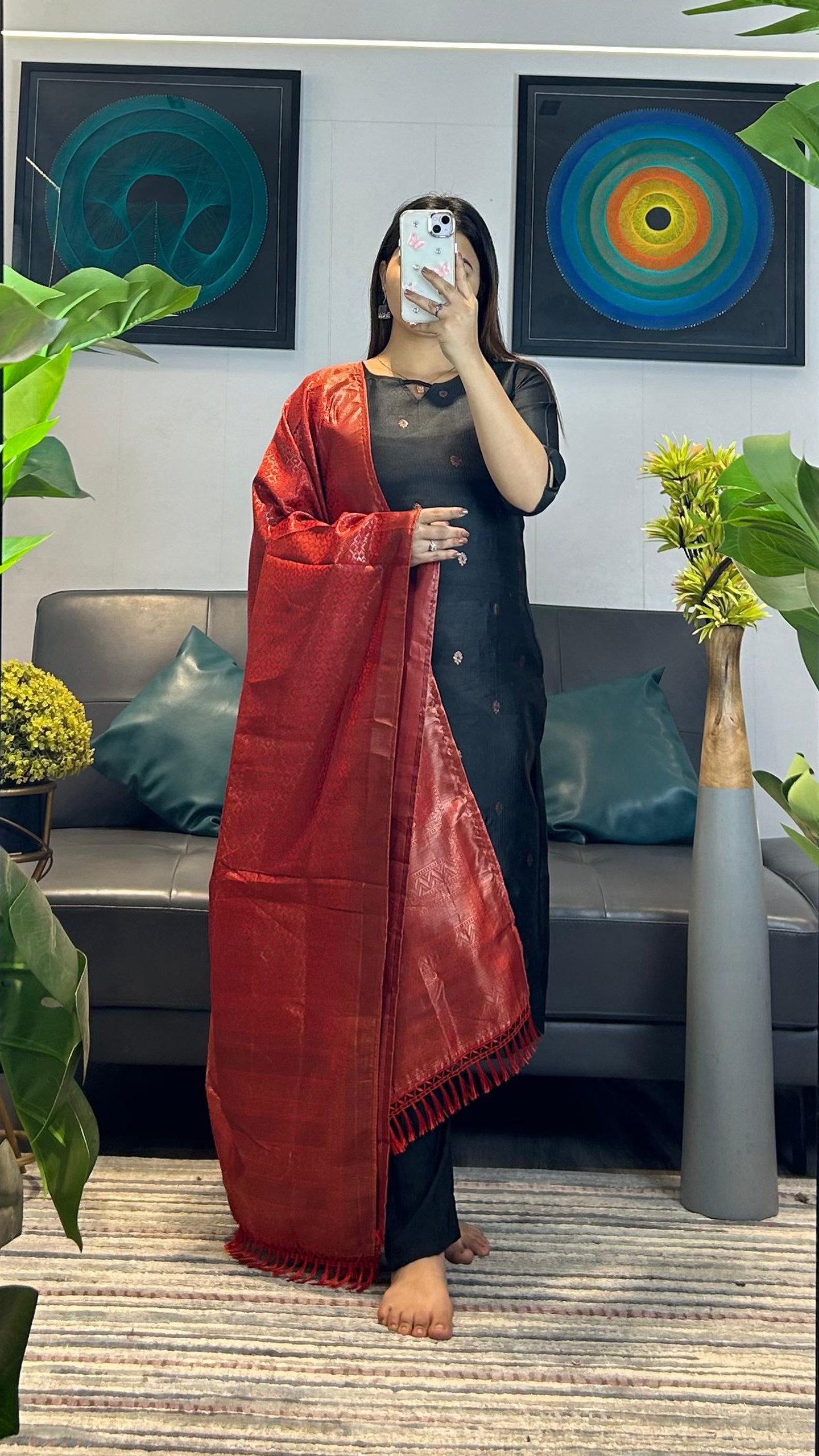 Stylish Black Ethnic Kurta Pant Set with Red Dupatta