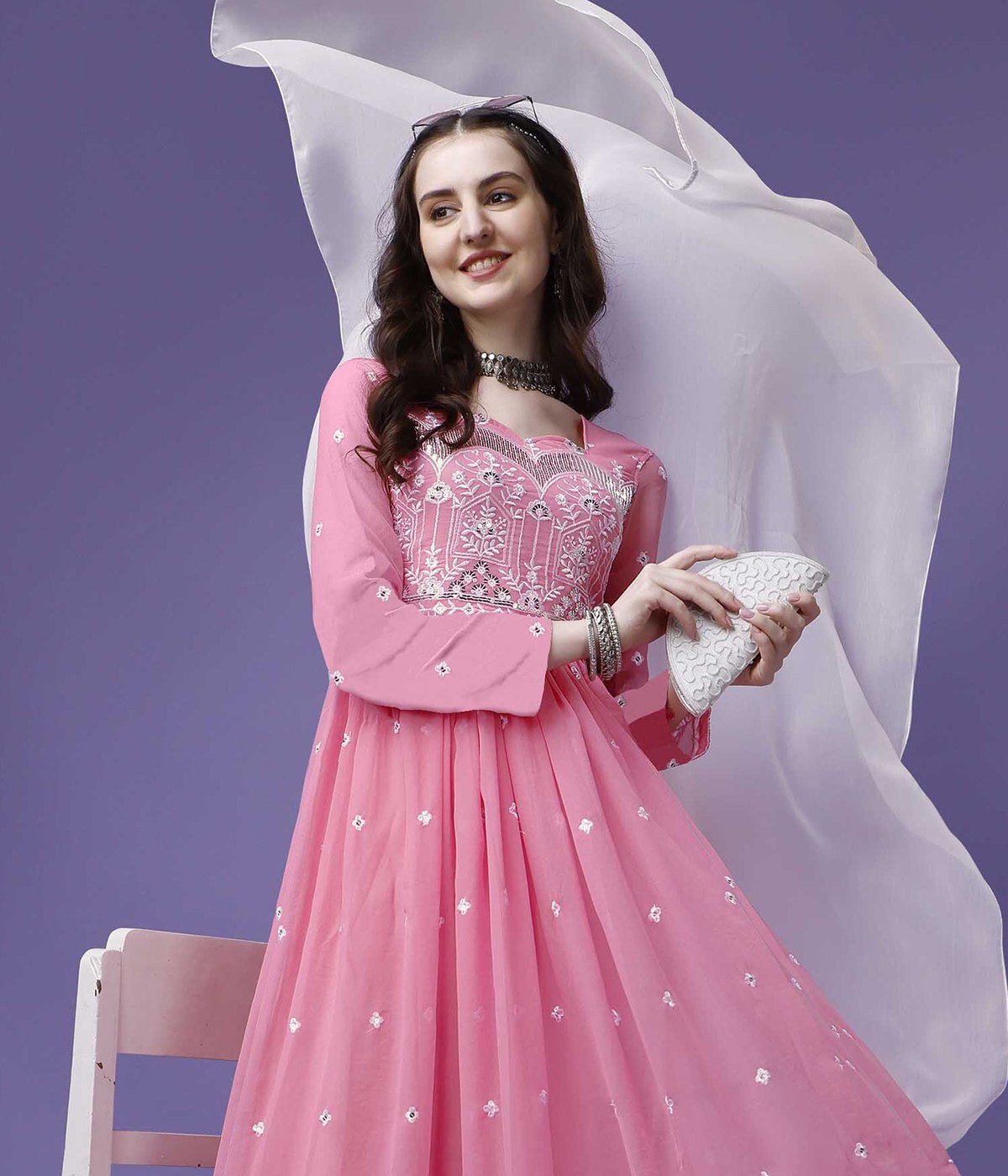 Royal Pink Embroidered Anarkali Gown for Girls & Women
