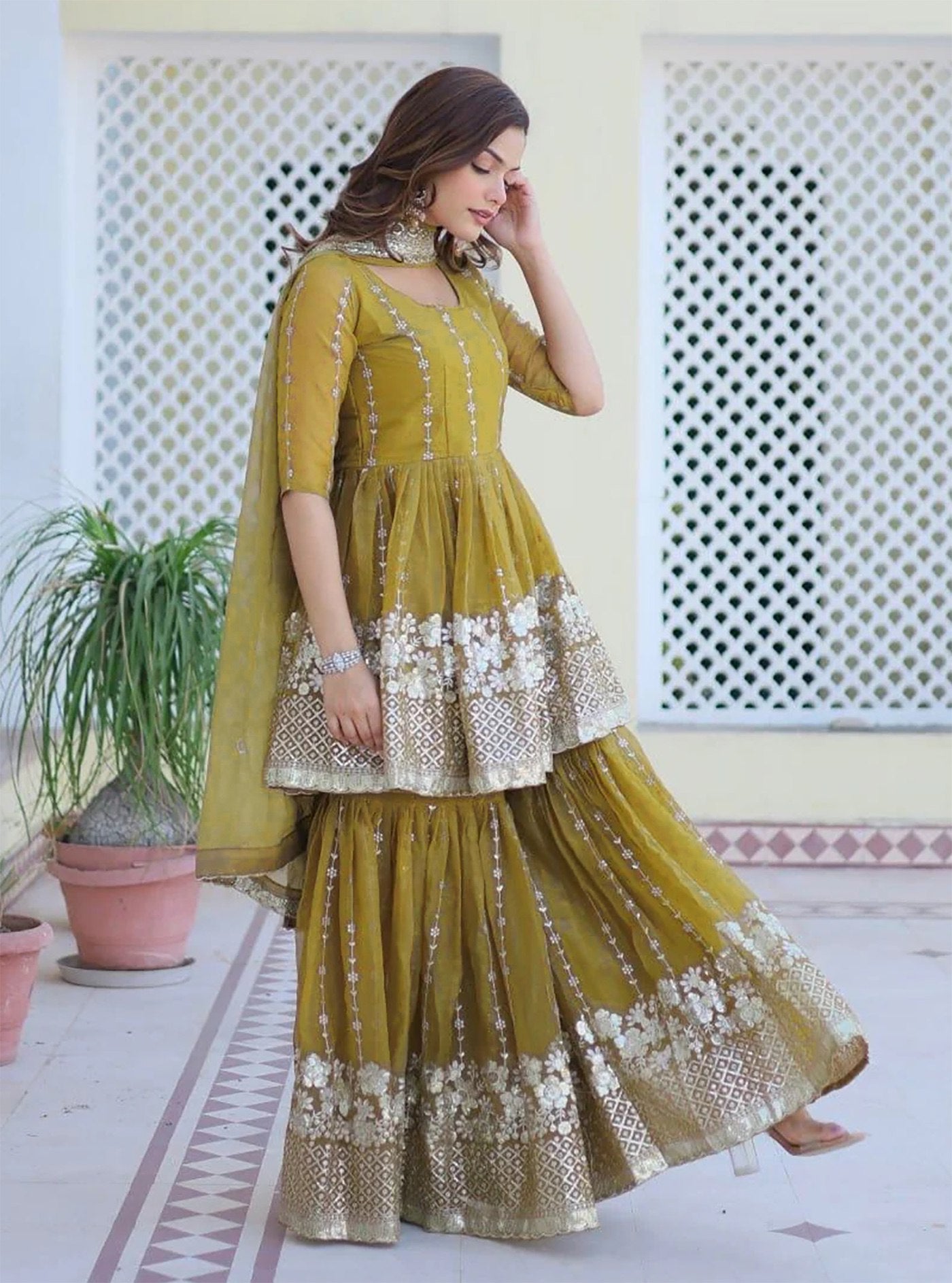 Traditional Mustard Yellow Embroidered Kurta Sharara Set with Dupatta
