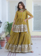 Traditional Mustard Yellow Embroidered Kurta Sharara Set with Dupatta