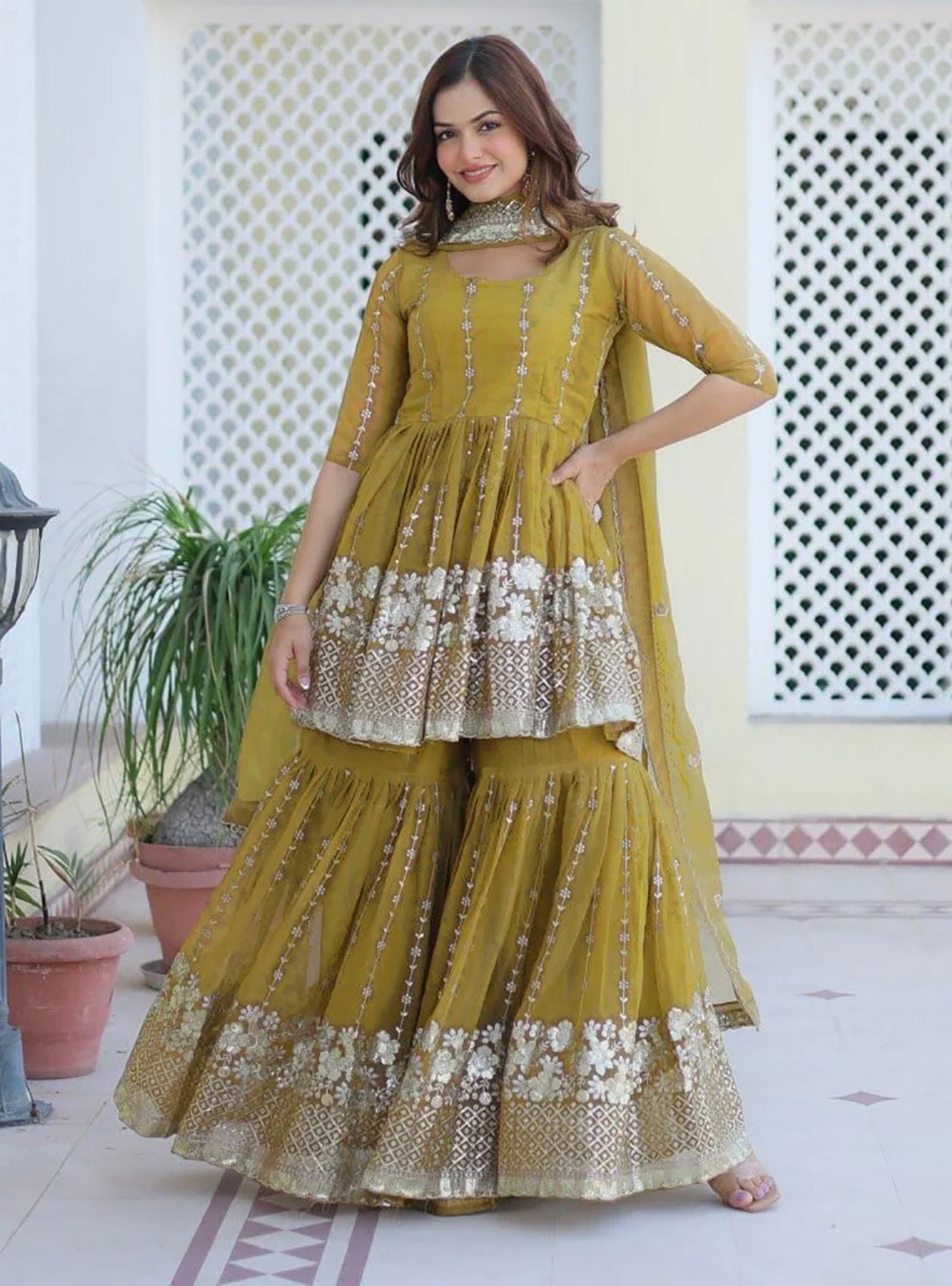 Traditional Mustard Yellow Embroidered Kurta Sharara Set with Dupatta