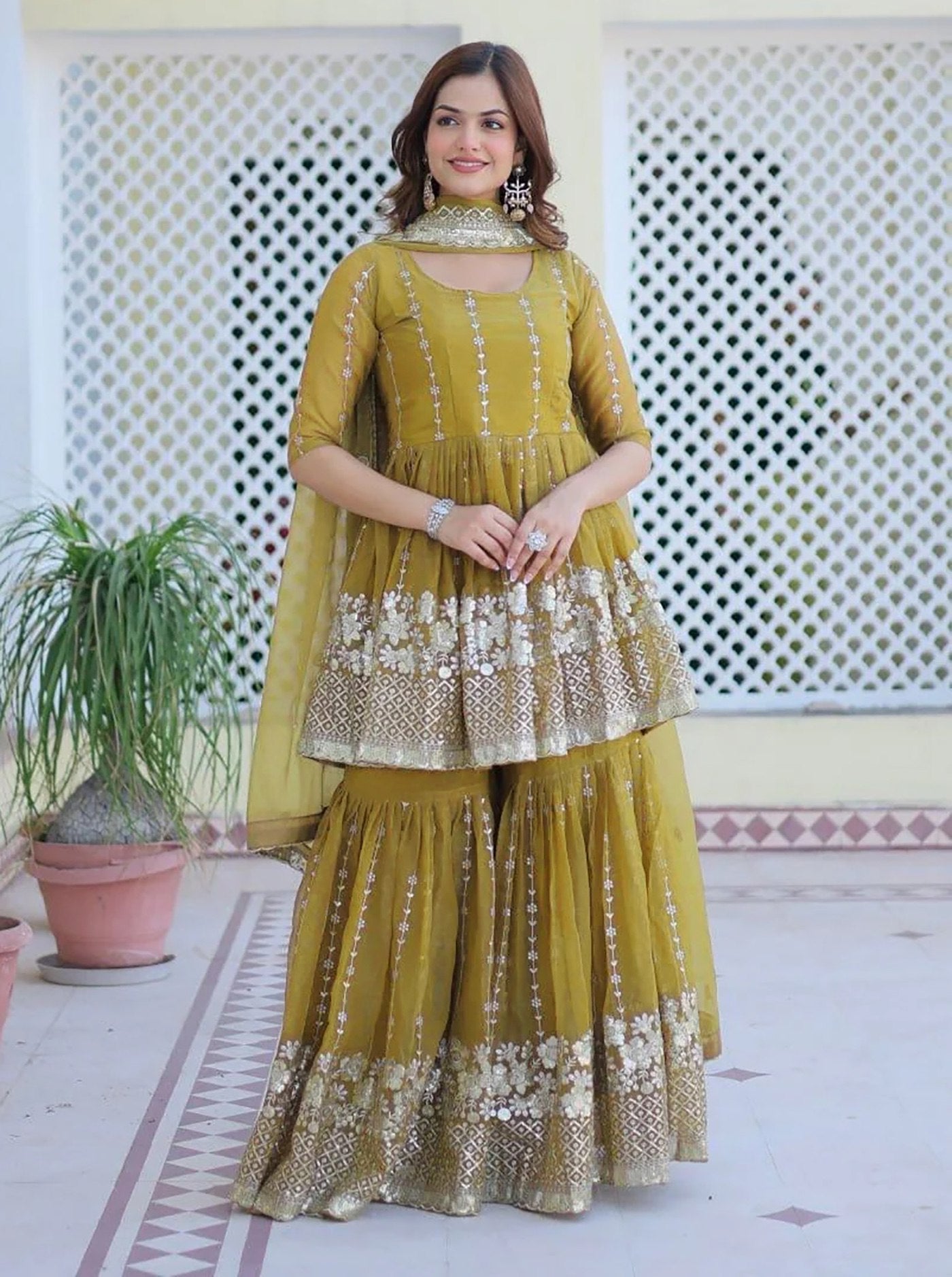 Traditional Mustard Yellow Embroidered Kurta Sharara Set with Dupatta