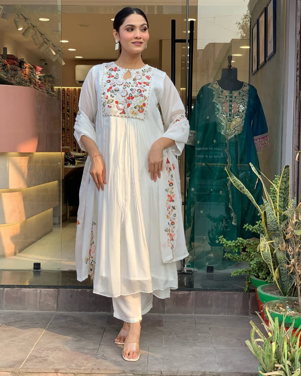 White Floral Embroidered Anarkali Kurta Set with Dupatta