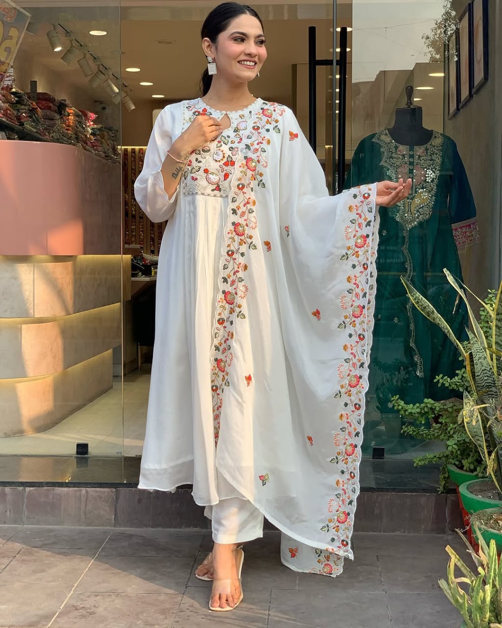 White Floral Embroidered Anarkali Kurta Set with Dupatta